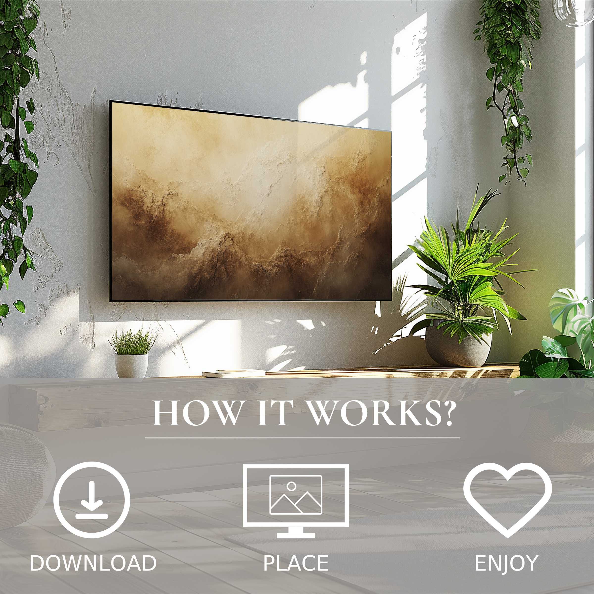 Modern living room with landscape art for Samsung TV, soft earth tones, easy digital download, enriches space