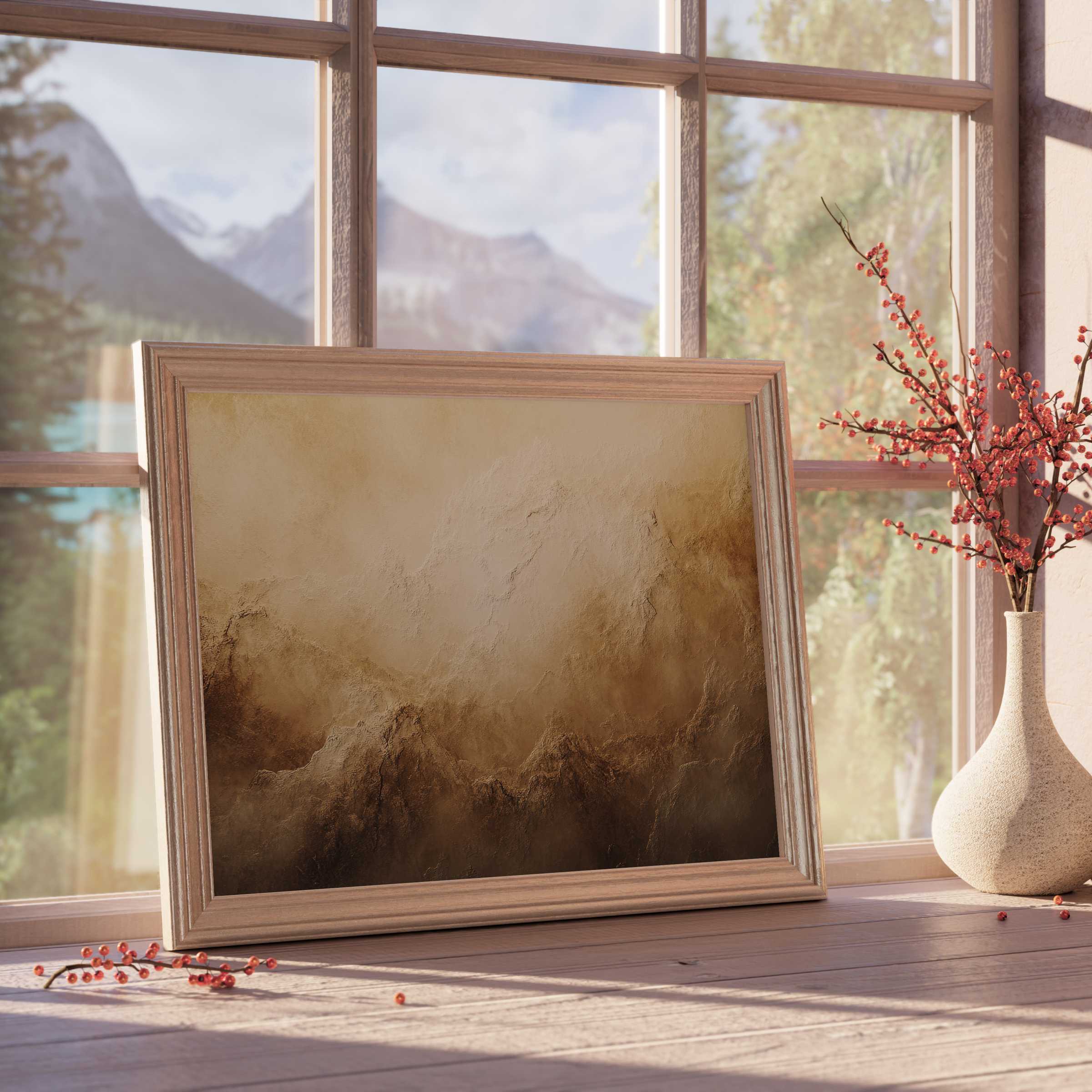 Warm, textured landscape downloadable art that elevates serene, curated interiors with earthy elegance and timeless charm
