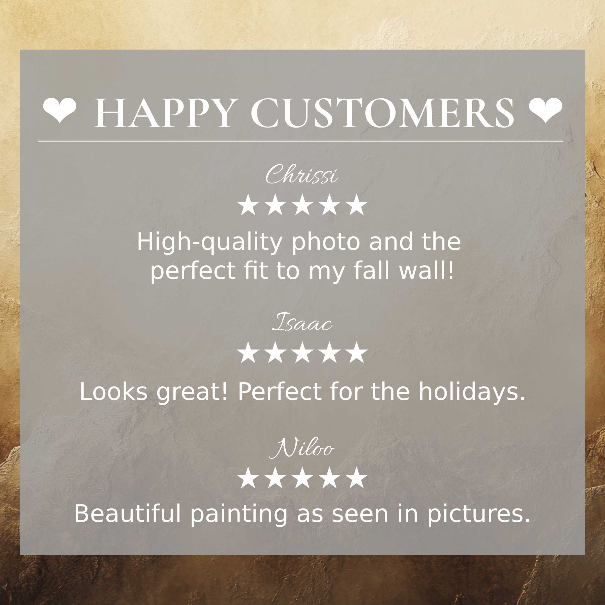 Refined landscape art for Frame TV with warm abstract hues, showcasing happy customer reviews and elegant trust-building layout