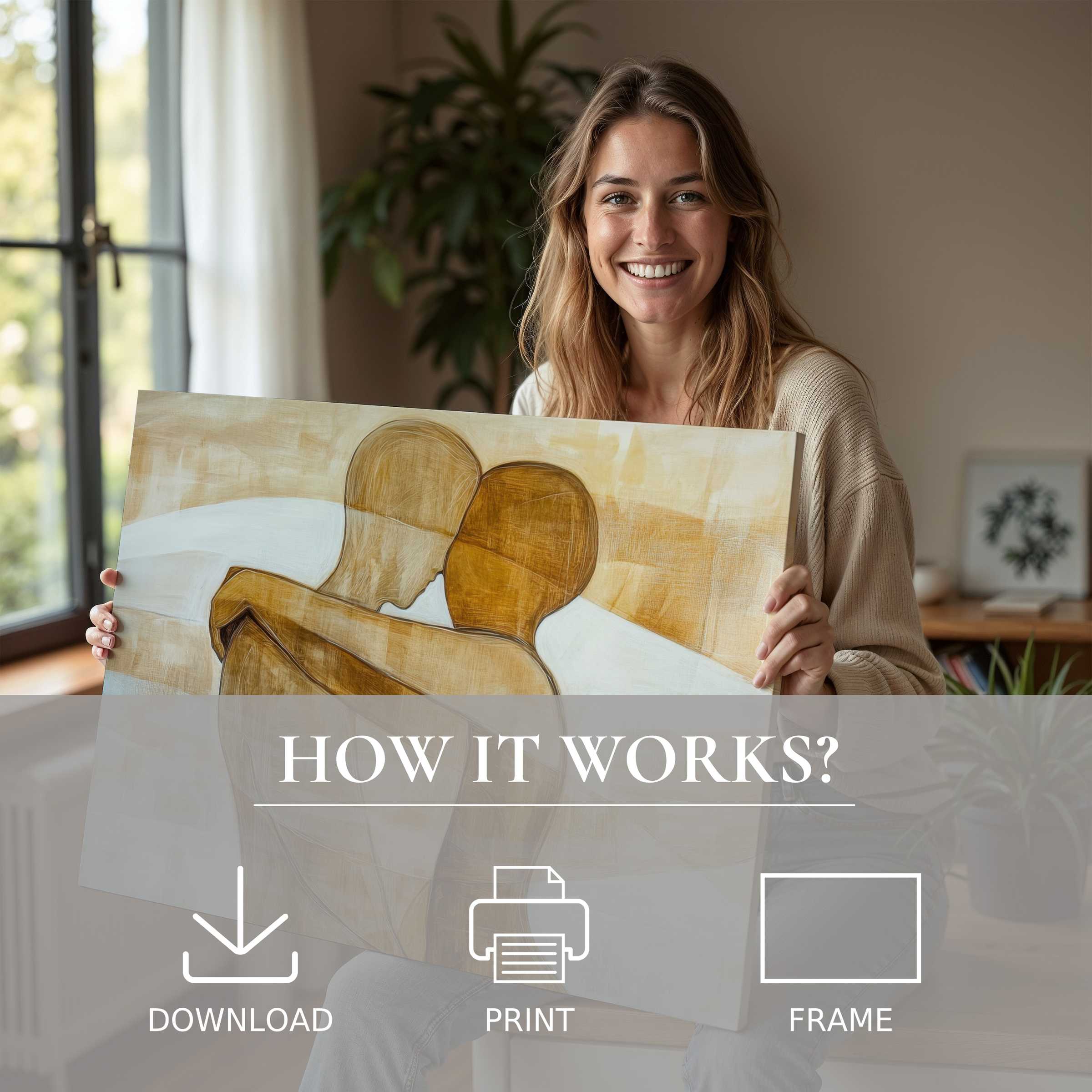 Radiant woman embraces a minimalist digital art print, embodying serene connection and effortless elegance in modern home decor