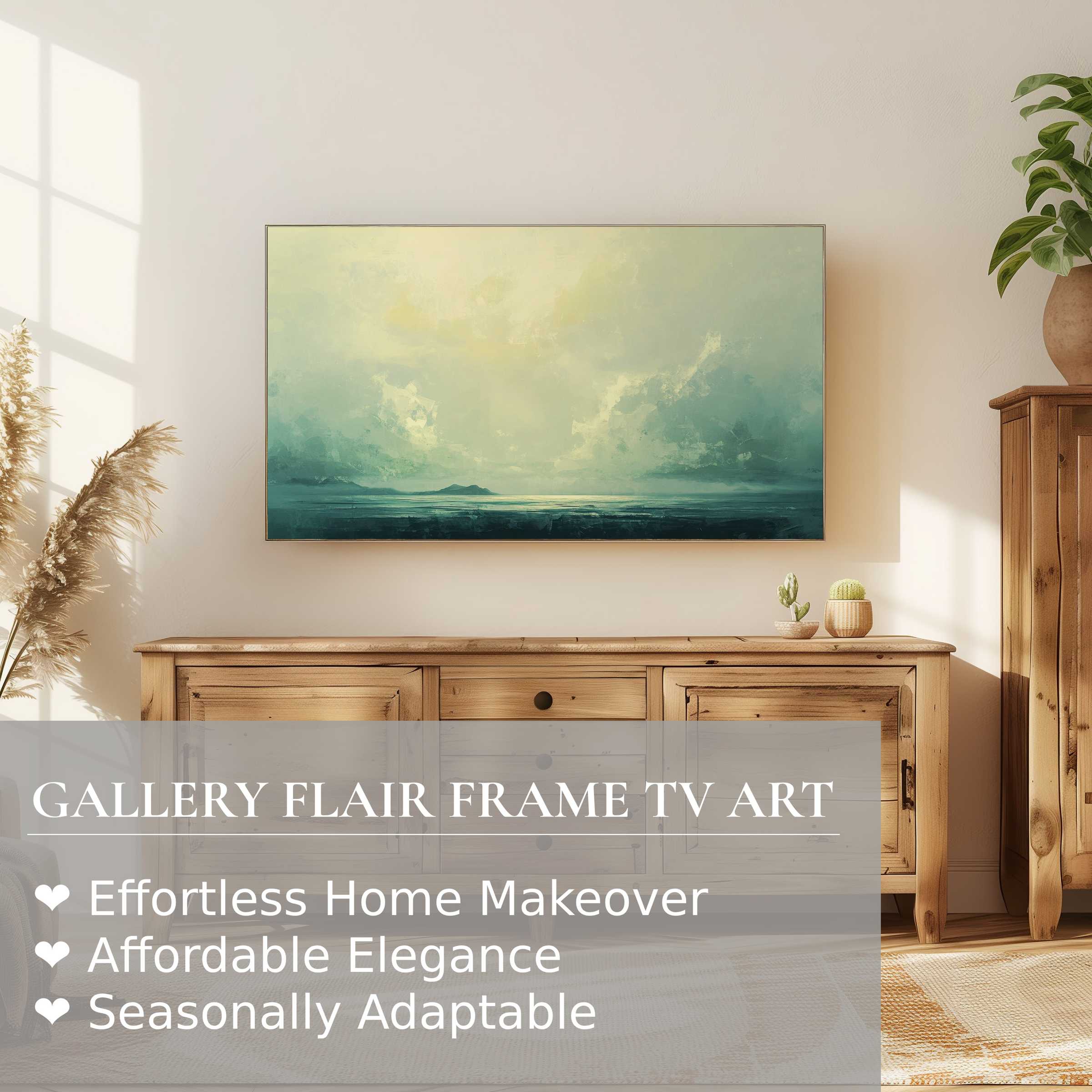 Samsung Frame TV displays serene beach digital artwork in a sunlit, refined living space with natural wooden accents