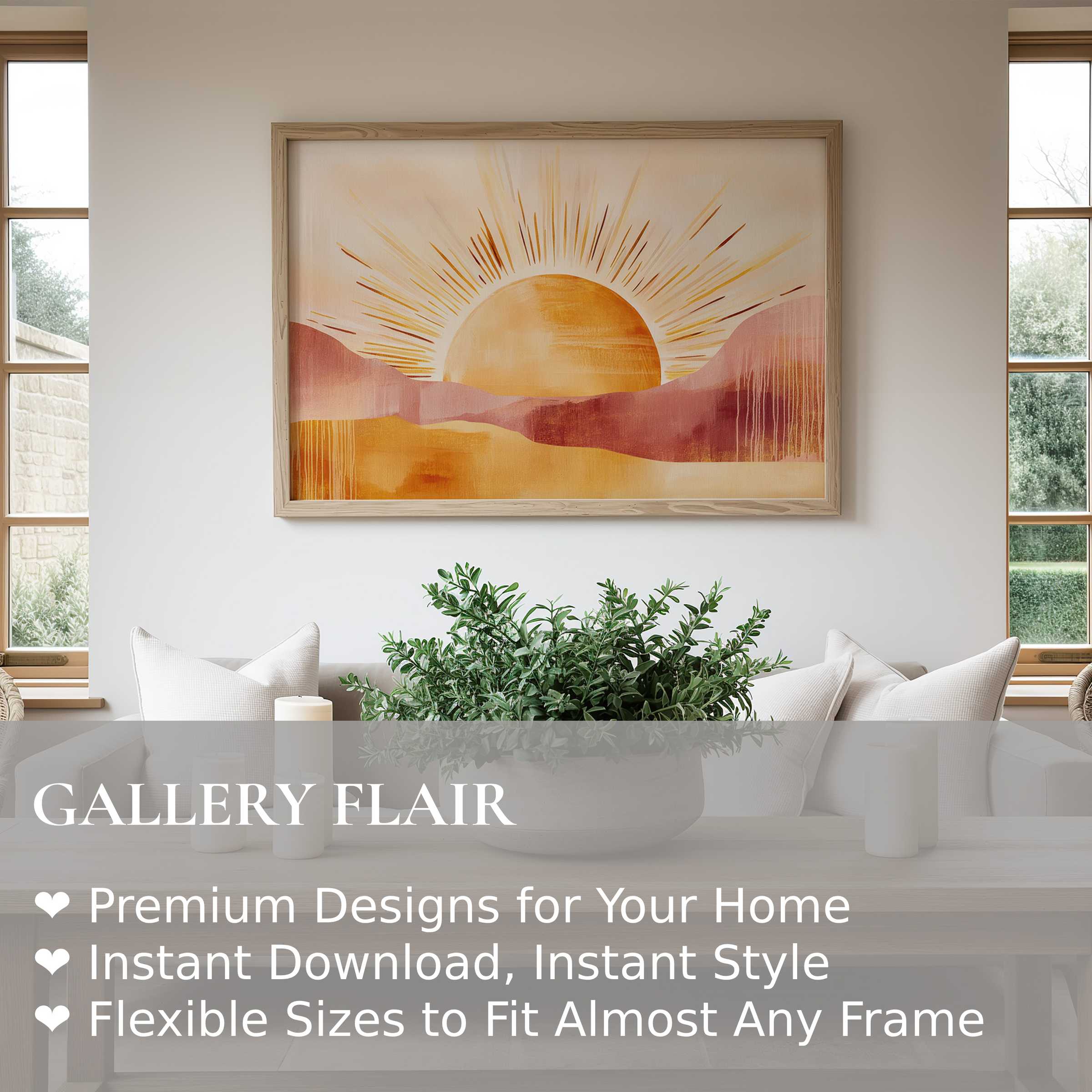 Boho wall art print featuring a radiant sun over warm, earthy mountains in a serene modern minimalist living space