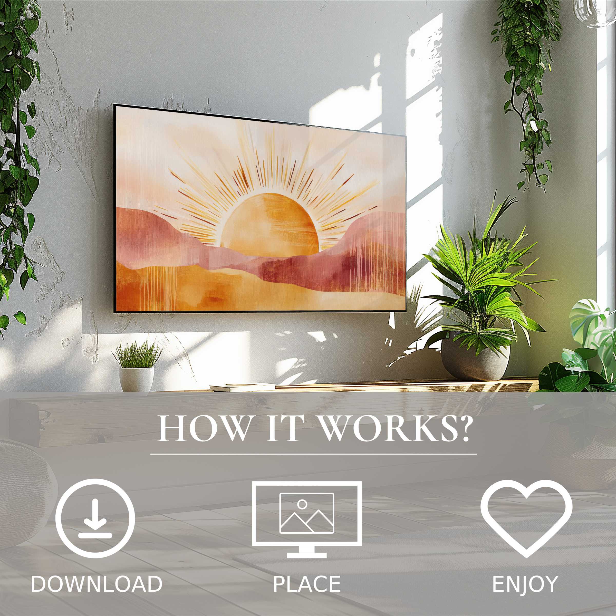 Boho art for Samsung TV with soft sunset tones, easy digital download that brightens and modernizes your living space