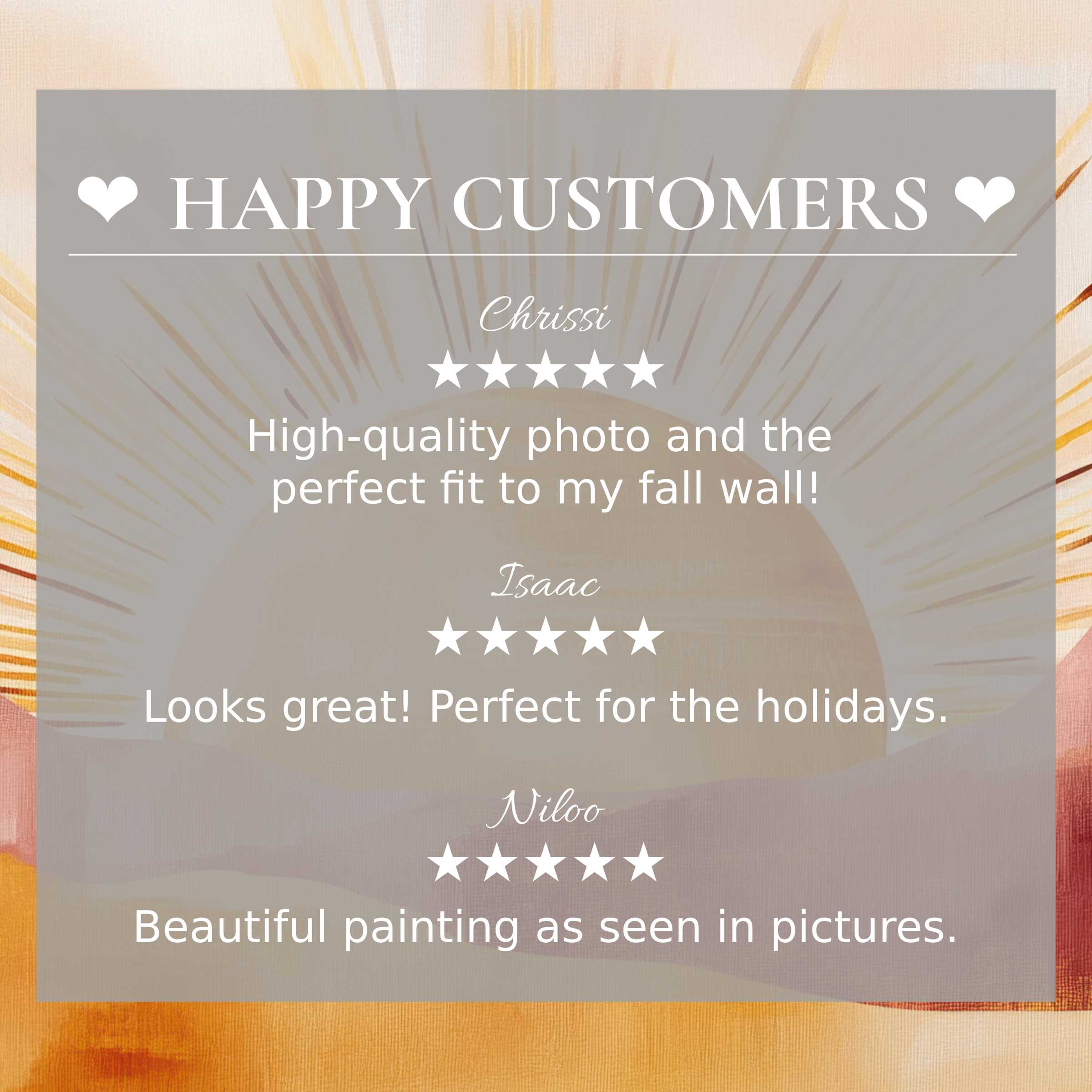 Boho art for Frame TV with abstract sunburst hues, showcasing happy customer reviews and an elegant layout