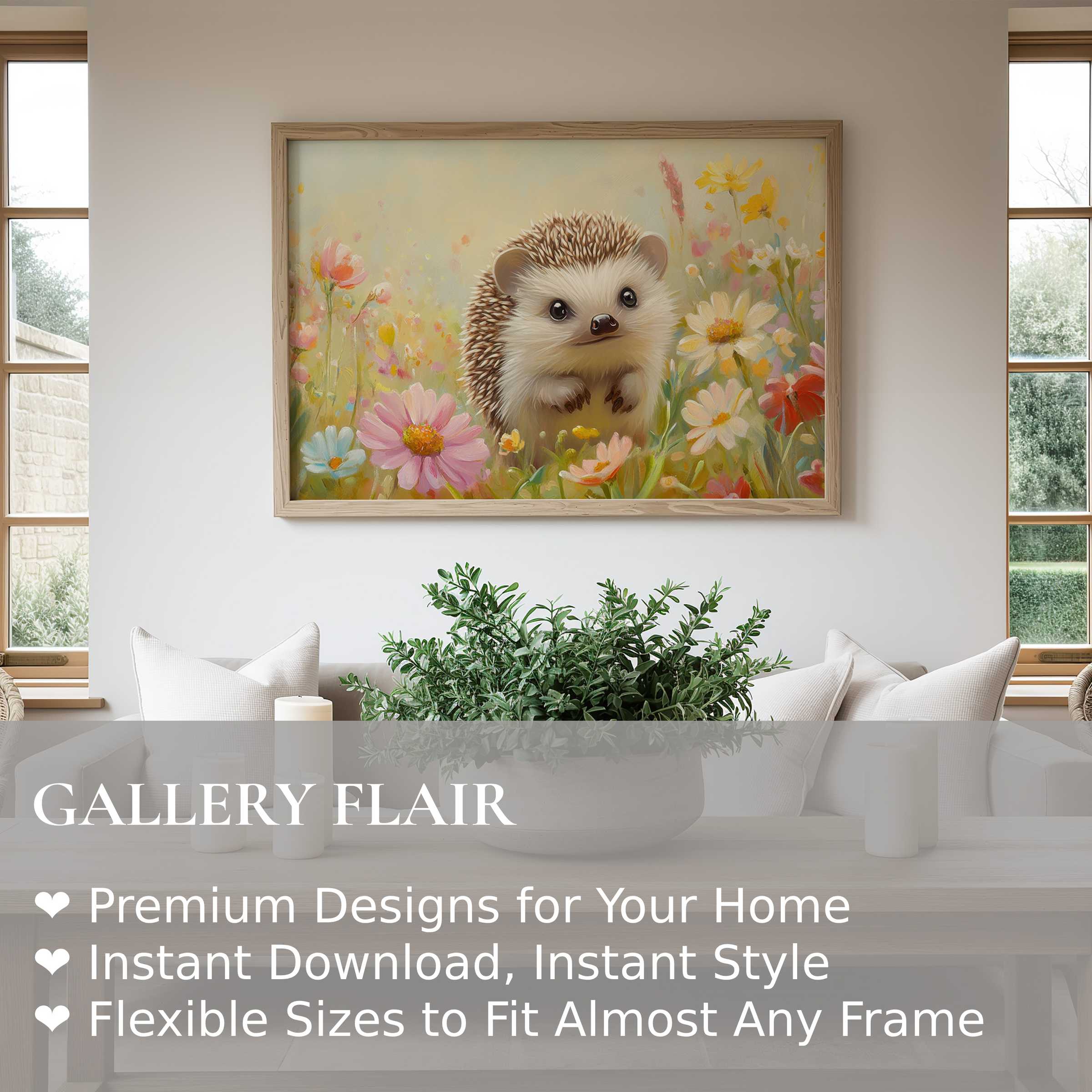 Nursery wall art print featuring a radiant, whimsical hedgehog among soft pastel wildflowers, enhancing modern cozy interiors with charm