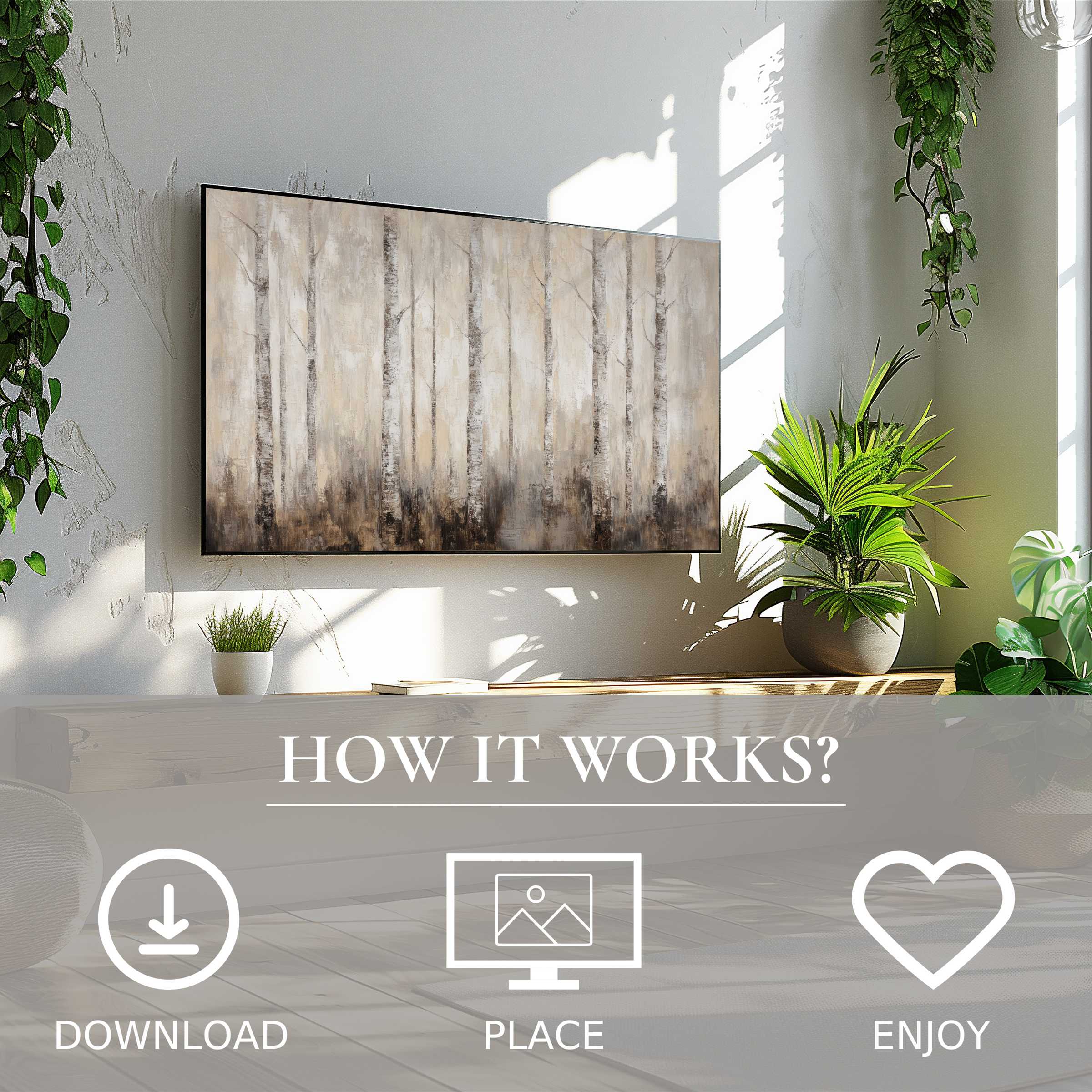 Vintage art for Samsung TV shows muted birch trees, easy digital download enriching modern living spaces with natural calm