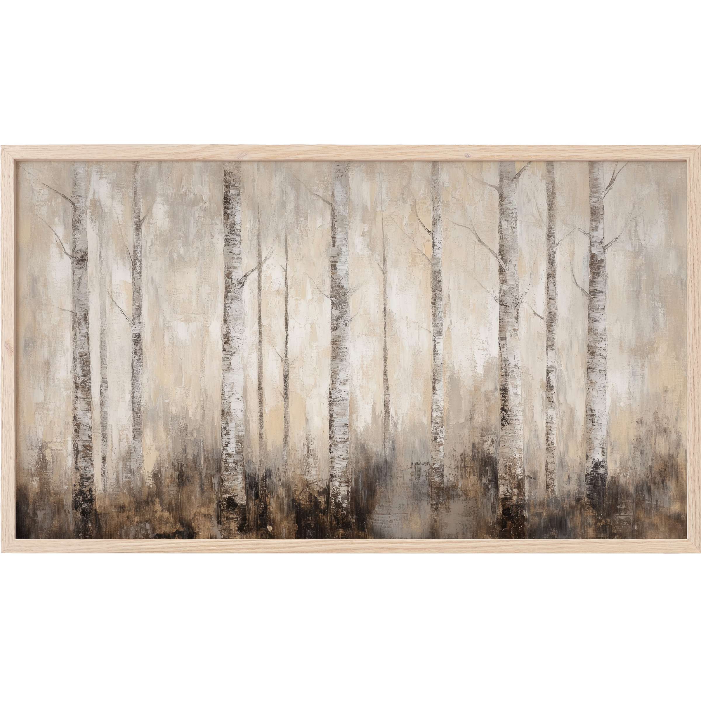 Serene birch forest in muted earth tones with textured brushstrokes, framed as vintage Frame TV Art