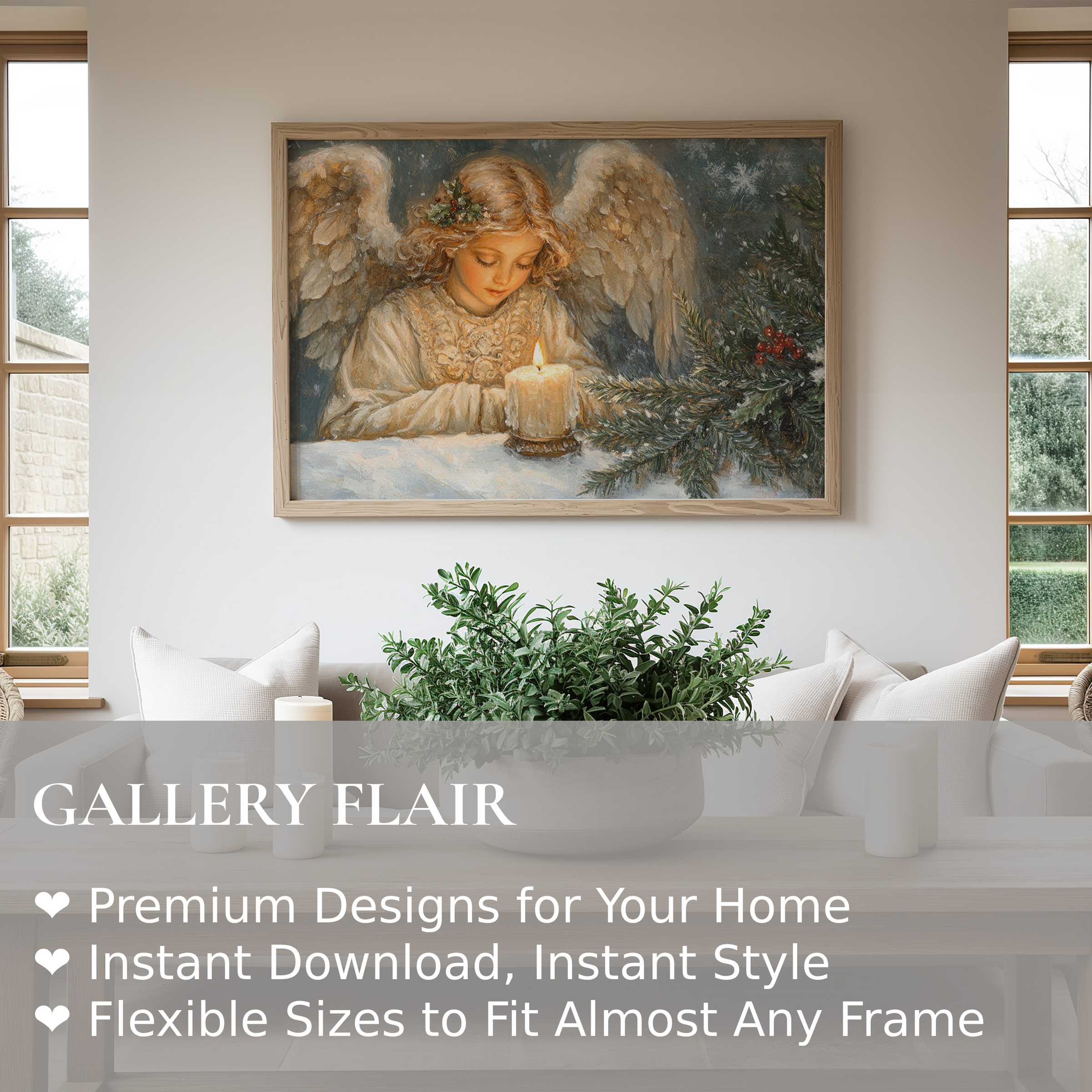 Christmas wall art print featuring a serene angel gazing at a glowing candle, evoking warm, timeless elegance in modern farmhouse interiors