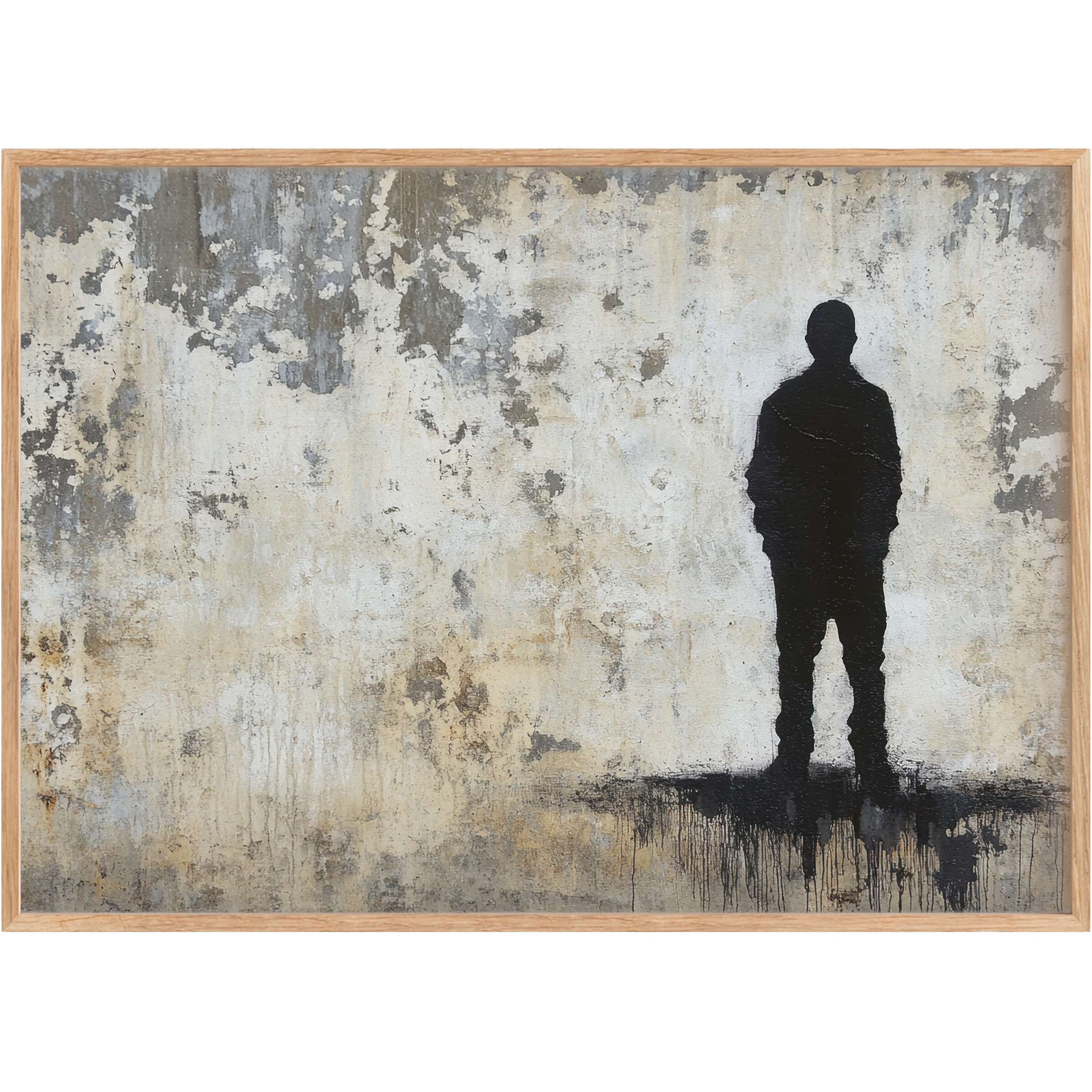 Bold street art printable wall art with striking black silhouette on distressed gray and beige tones, evoking introspective calm