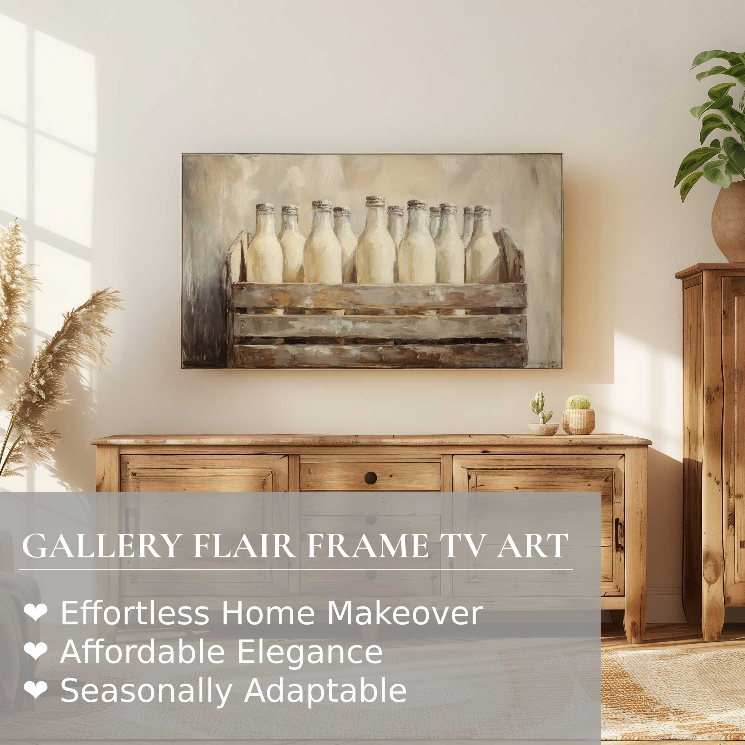Samsung Frame TV displaying farmhouse digital artwork of milk bottles in rustic crate, enhancing warm, modern decor
