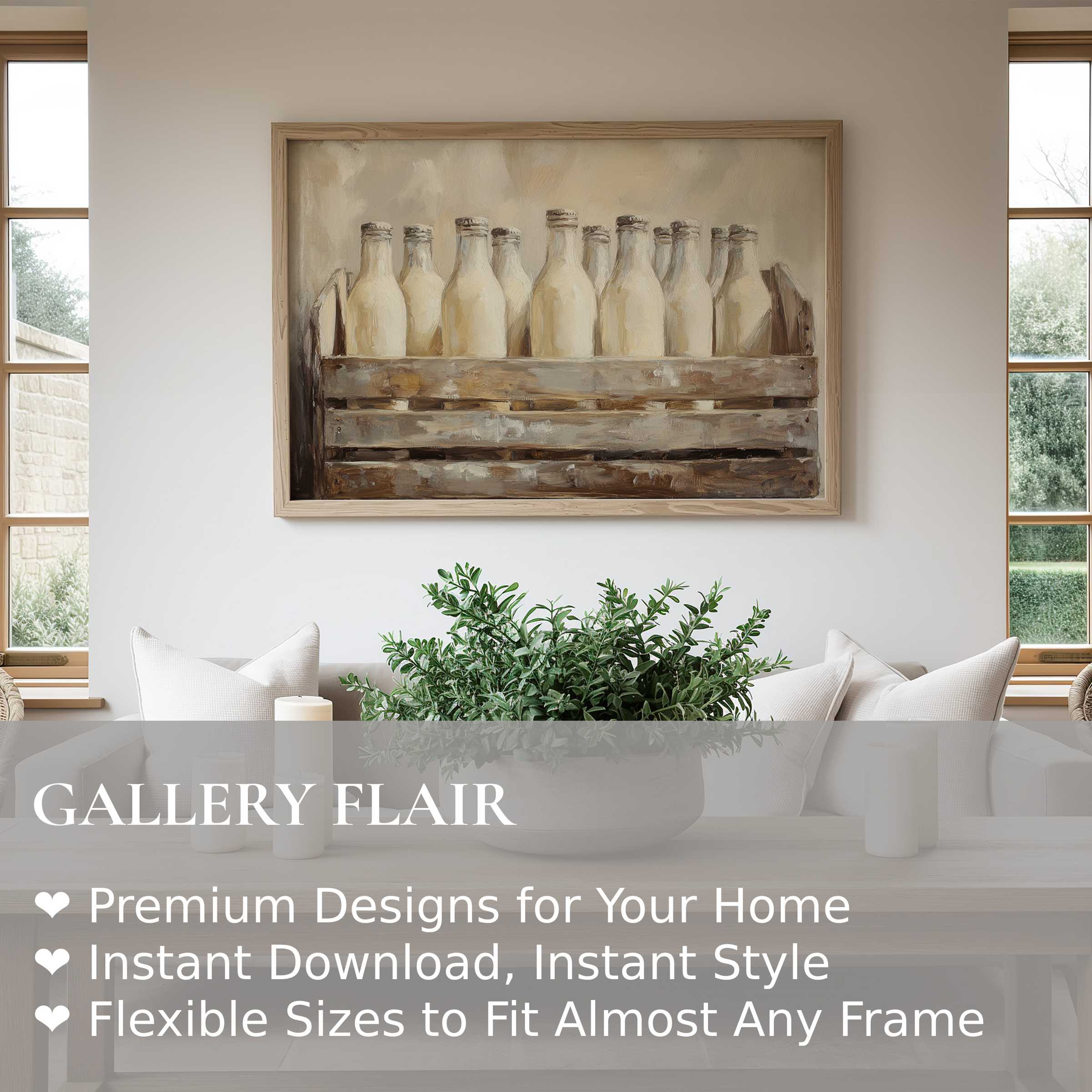 Farmhouse wall art print of vintage milk bottles exudes soft rustic warmth, enriching modern farmhouse interiors with timeless charm
