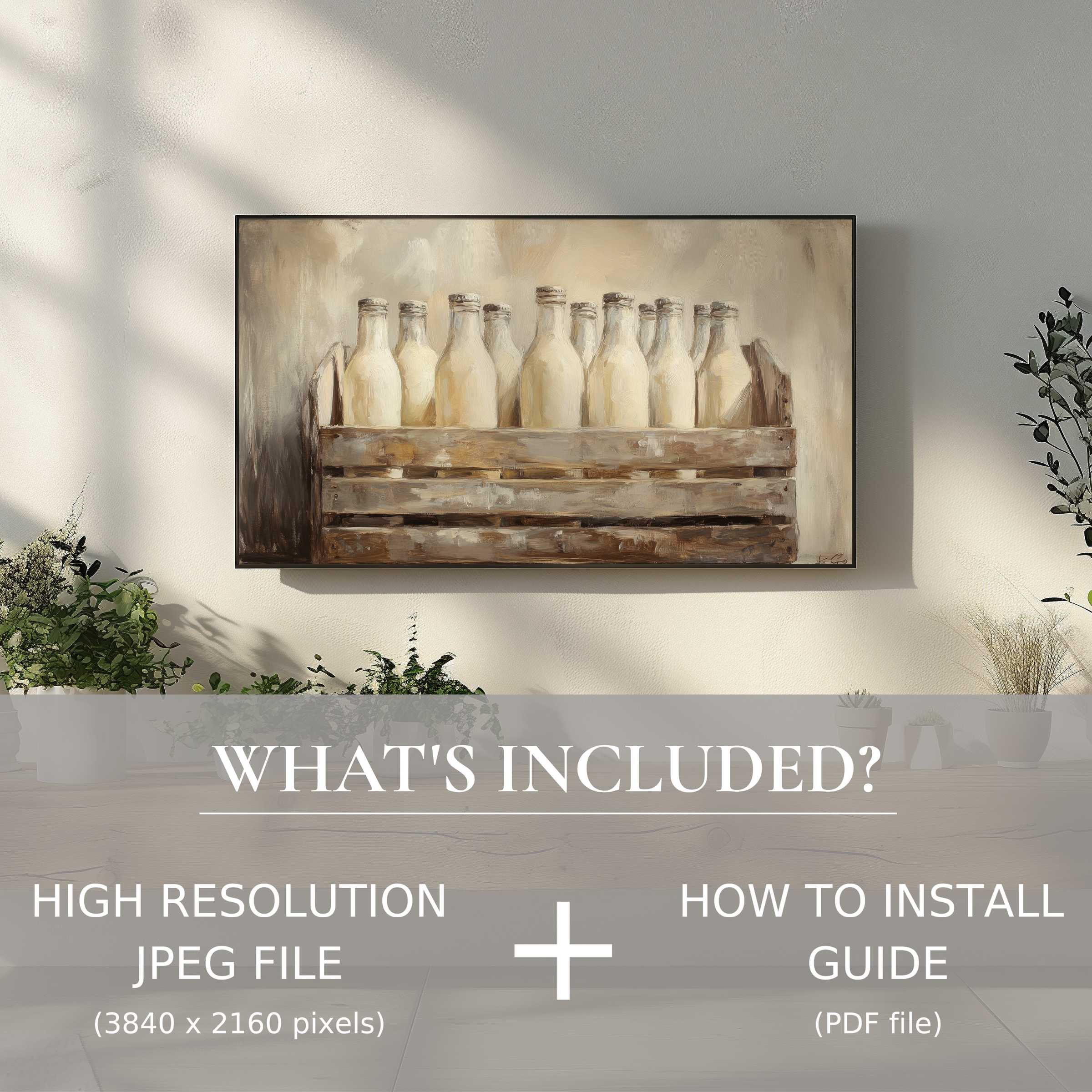 Elegant farmhouse digital TV art download with easy digital use, enhancing airy living spaces with rustic charm