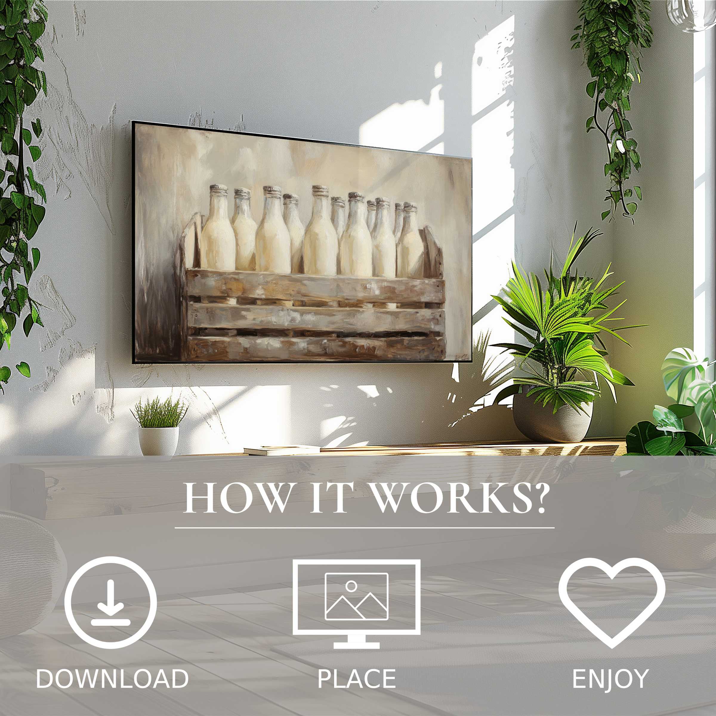 Farmhouse art for Samsung TV shows warm milk bottles in soft tones, easy digital download enriches bright living spaces