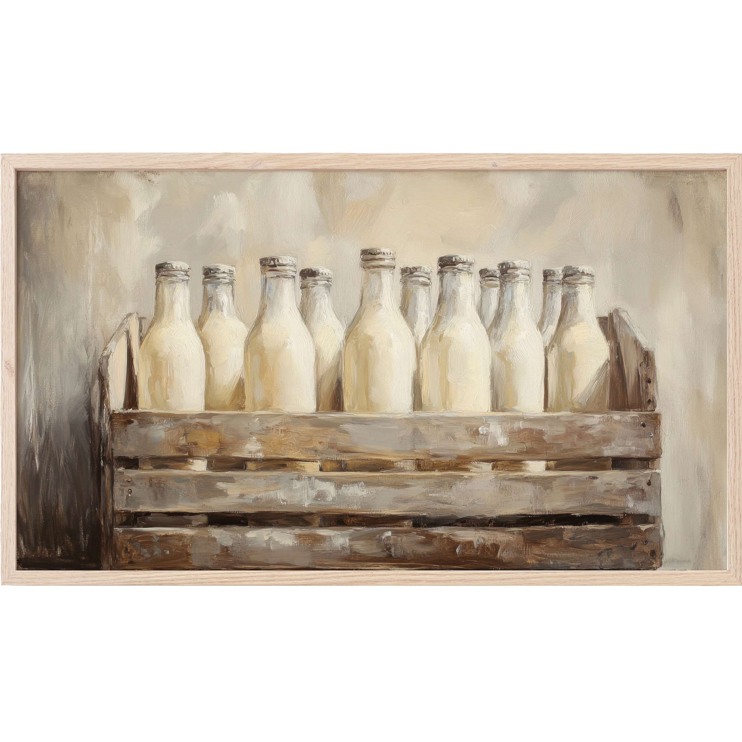Farmhouse Frame TV Art depicting vintage milk bottles in muted creams and browns with rustic, textured brushstrokes