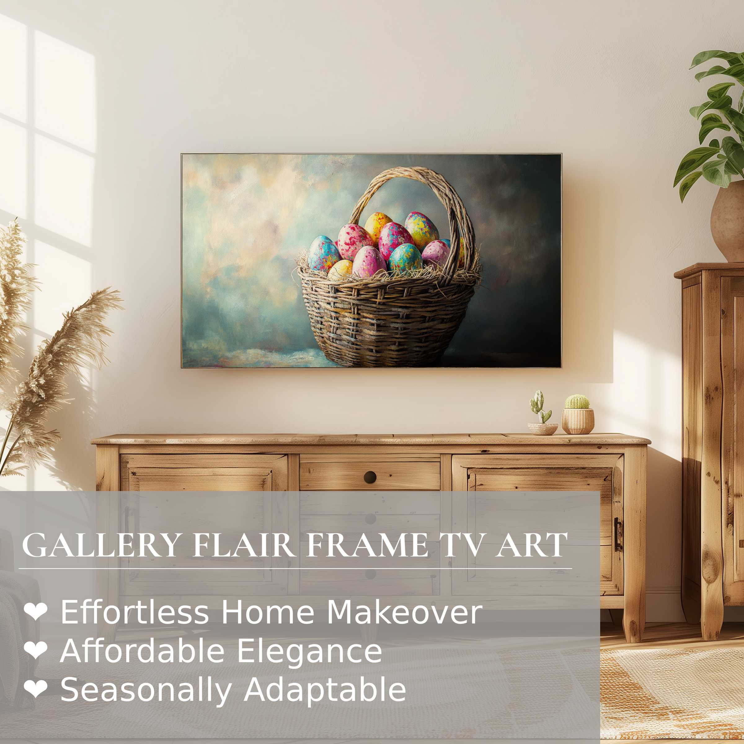 Samsung Frame TV displays elegant easter digital artwork of colorful eggs in basket in a warm, modern setting