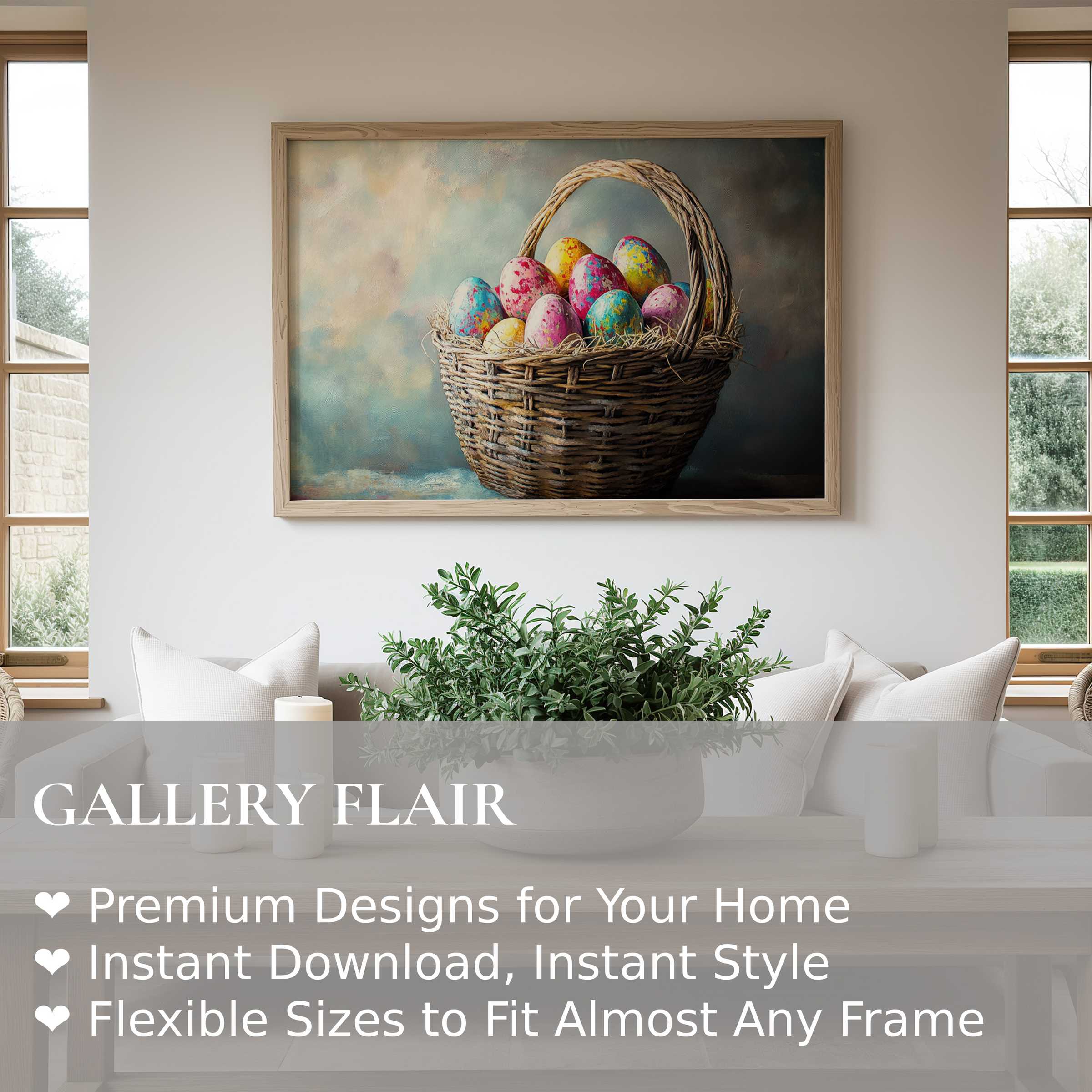 Easter wall art print featuring a radiant basket of colorful eggs, enriching modern minimal interiors with natural warmth and festive charm