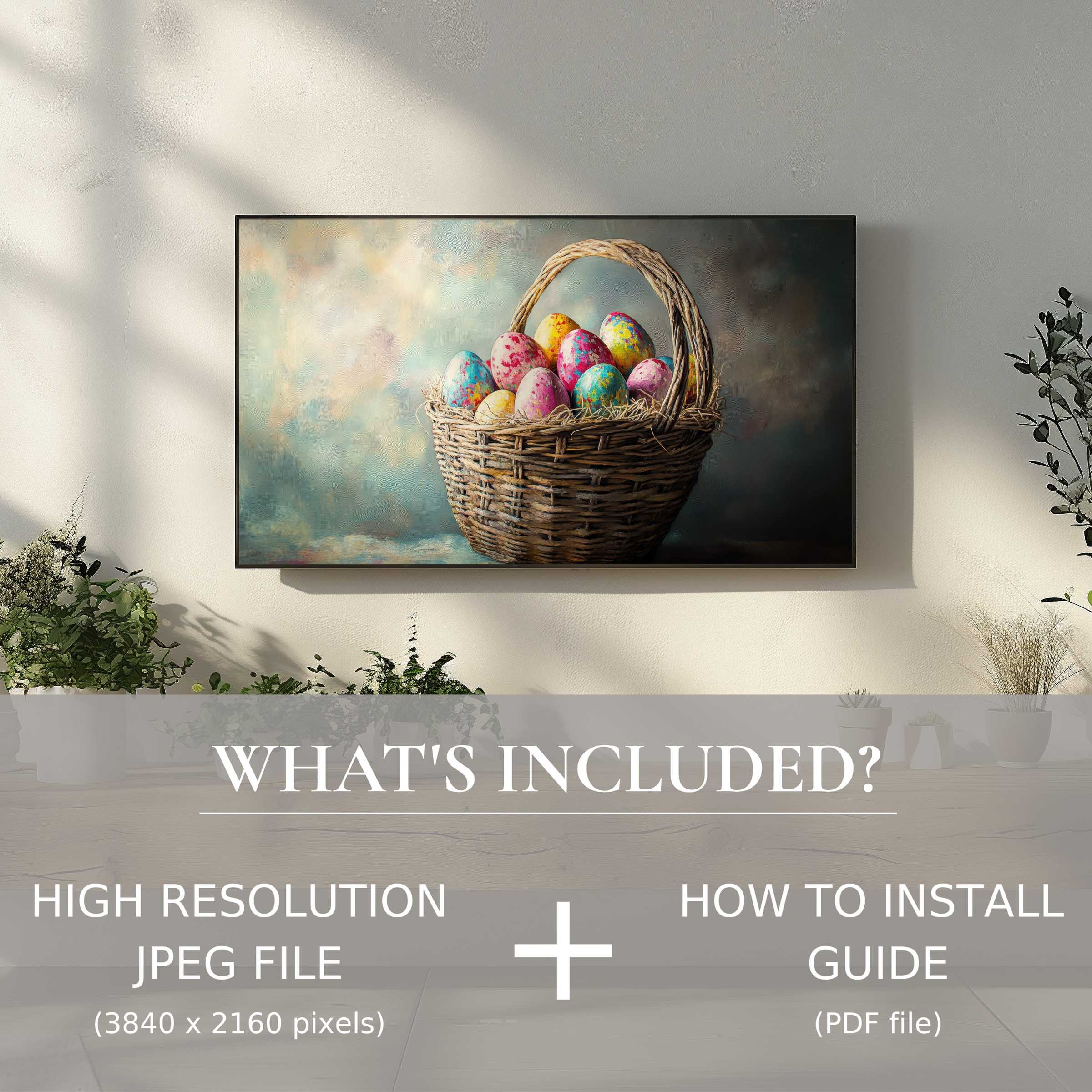 Elegant living room featuring easy-to-use easter digital TV art download enhancing space with vibrant Easter basket design