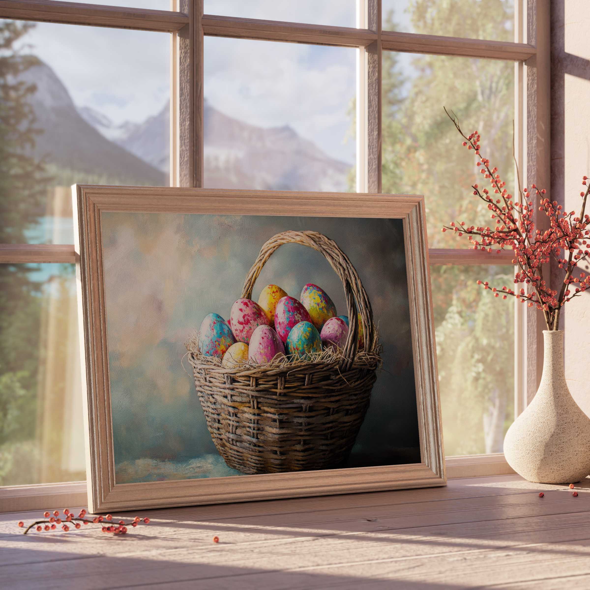 Easter downloadable art with vibrant hand-painted eggs in rustic basket, infusing tranquil elegance into refined, nature-inspired interiors