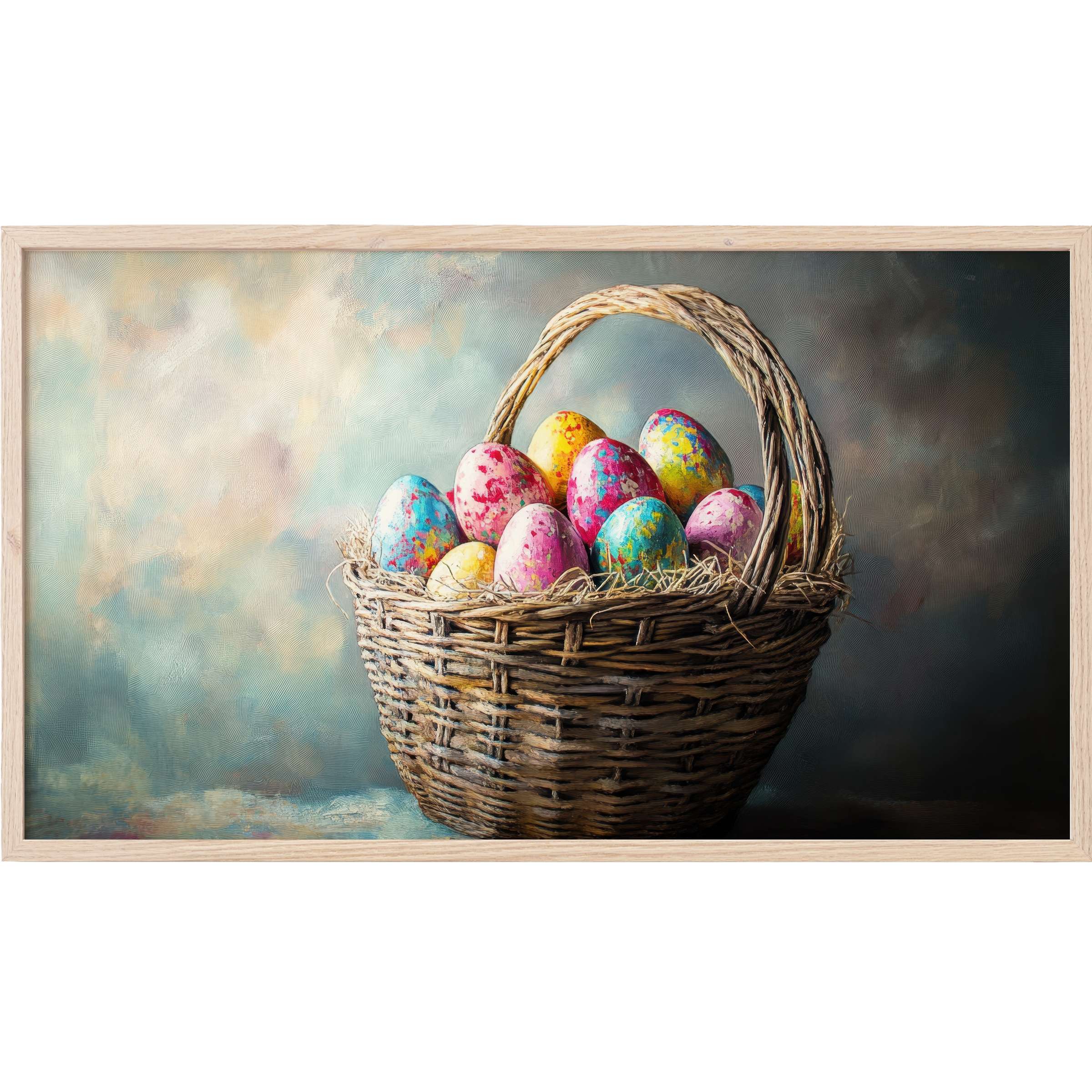 Elegant rustic basket with vibrant speckled eggs, muted blue and earthy tones, perfect easter Frame TV Art