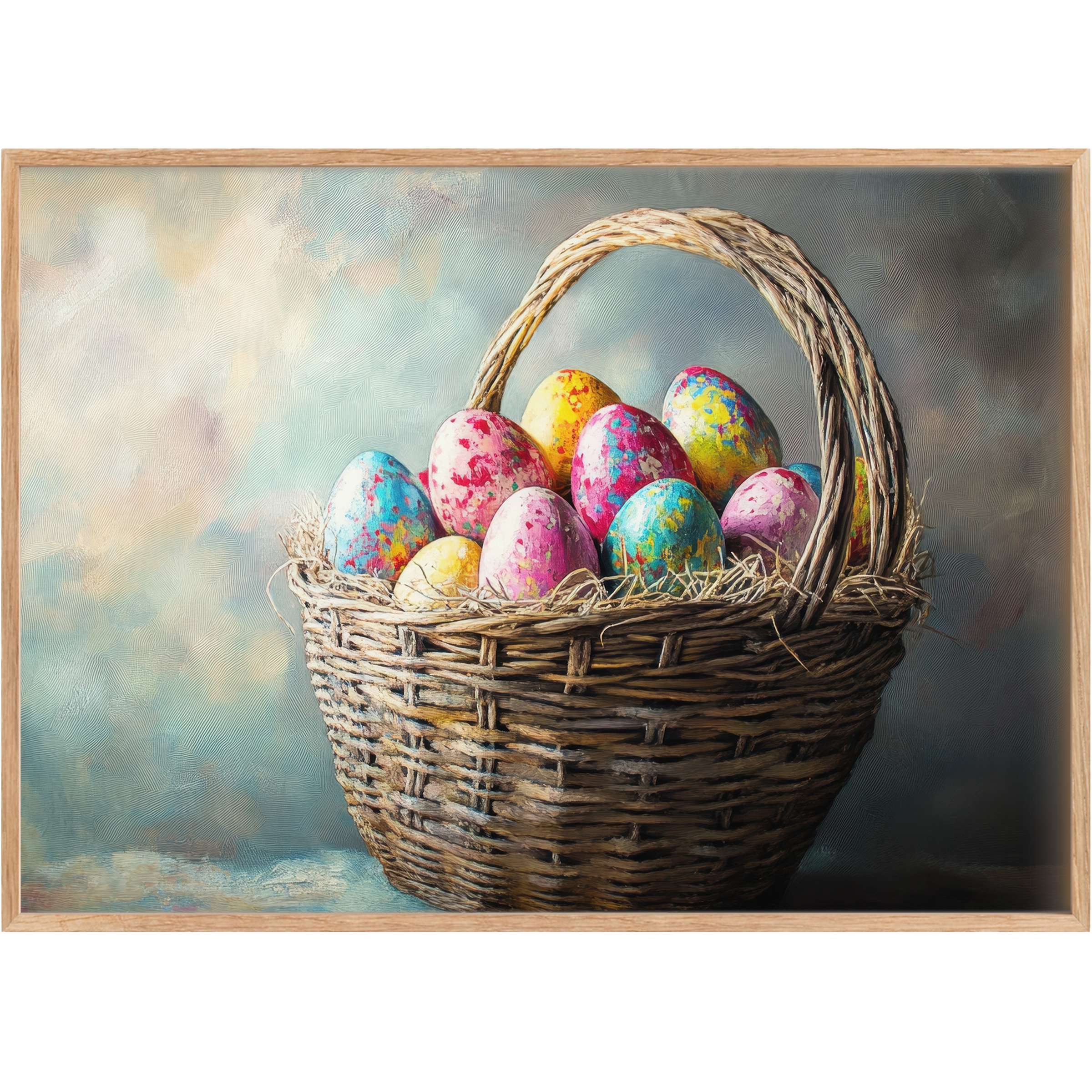 Radiant easter printable wall art featuring a rustic basket filled with vibrant, splattered eggs in soft pastels