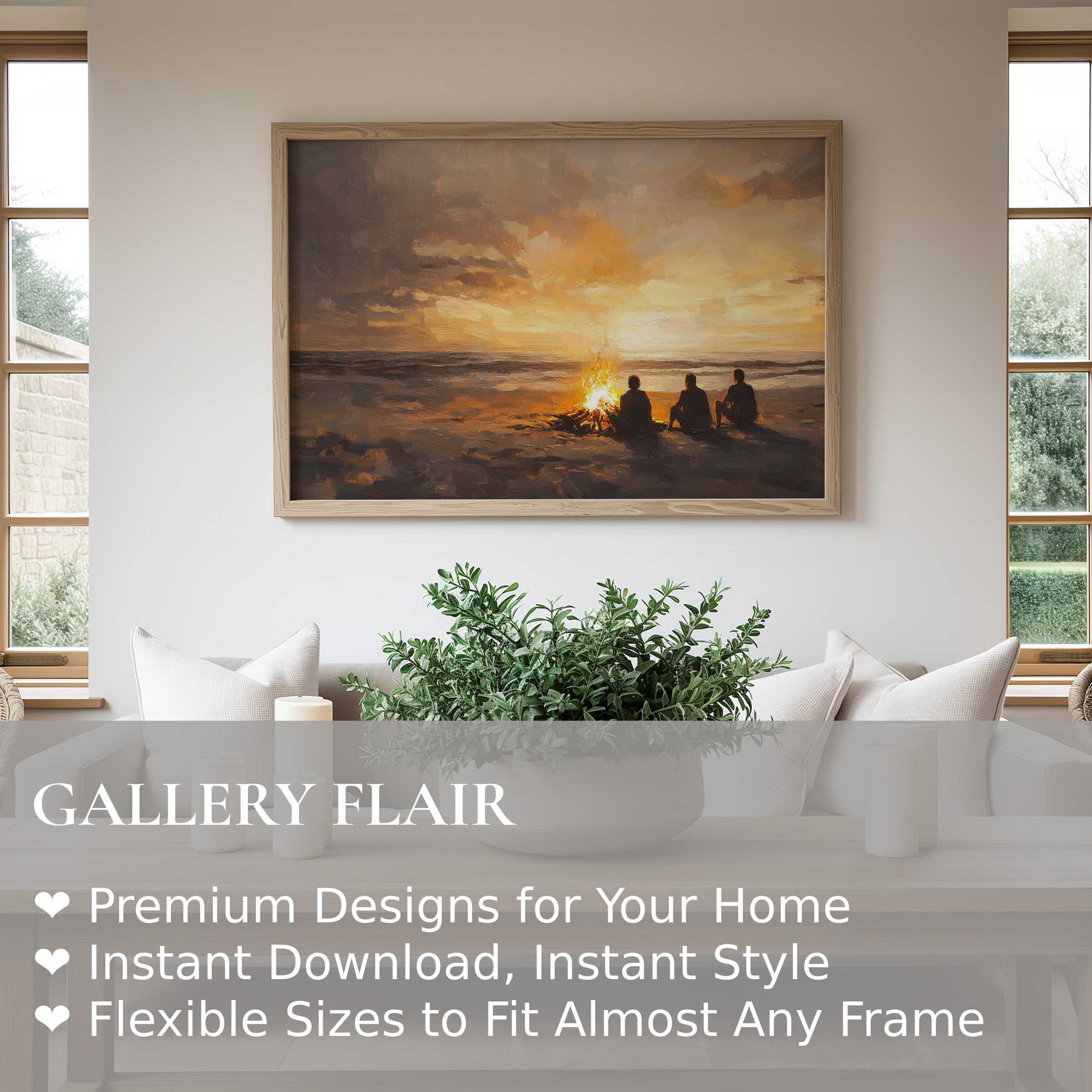 Coastal wall art print capturing a radiant beach bonfire at sunset, evoking calm and warmth in a modern, serene living space