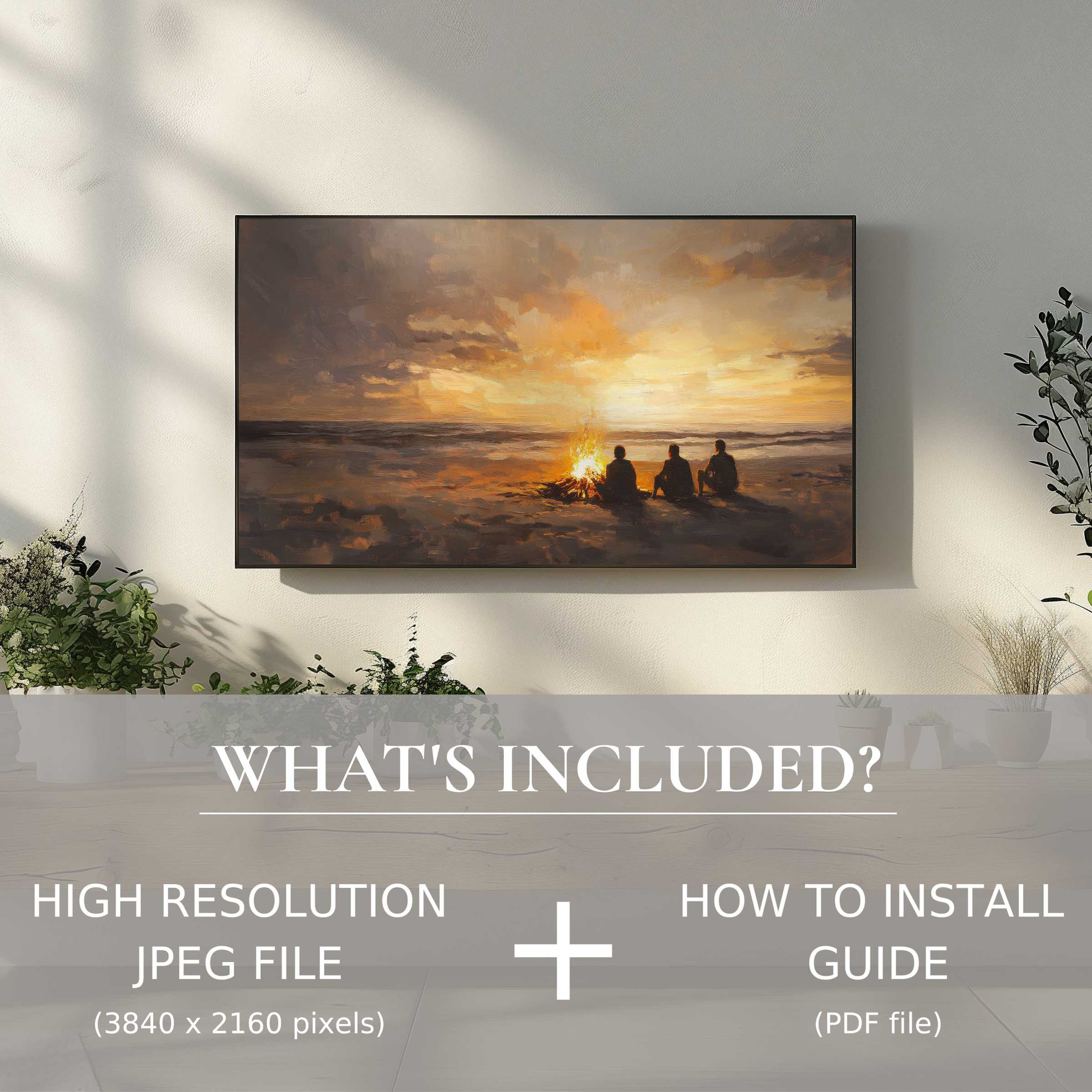 Elegant coastal digital TV art download showcasing a serene bonfire scene, enhancing modern living spaces with easy digital use