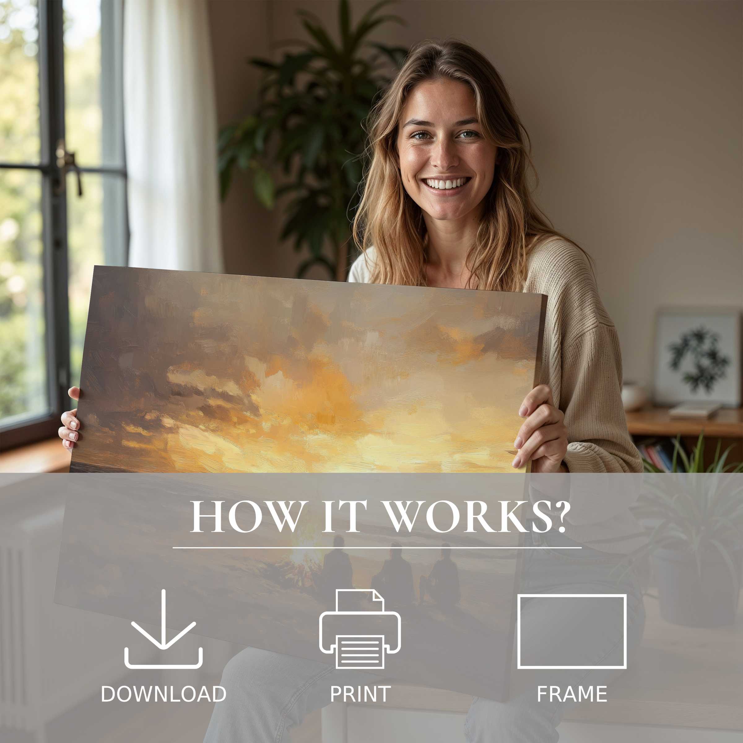 Coastal digital art print radiates warmth and calm as it transforms a modern home with effortless elegance and heartfelt joy