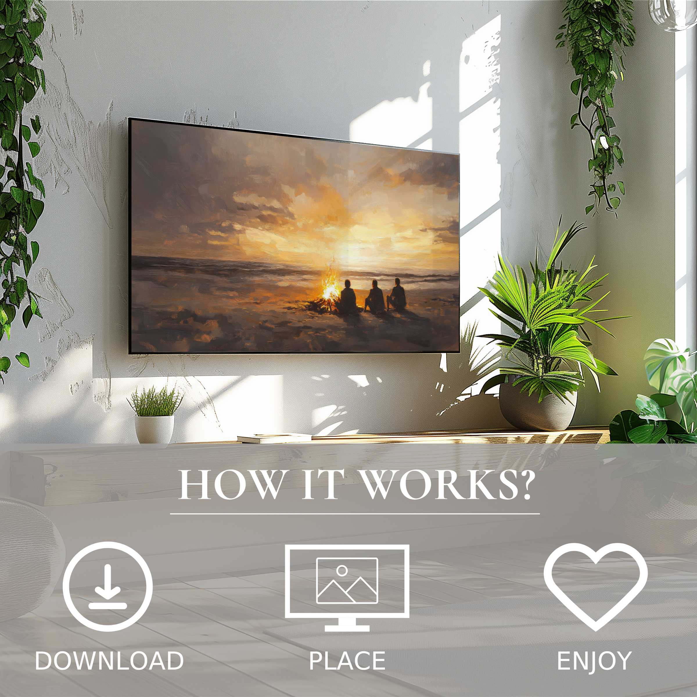 Coastal art for Samsung TV shows warm sunset tones with silhouettes, easy digital download enriching any modern living space