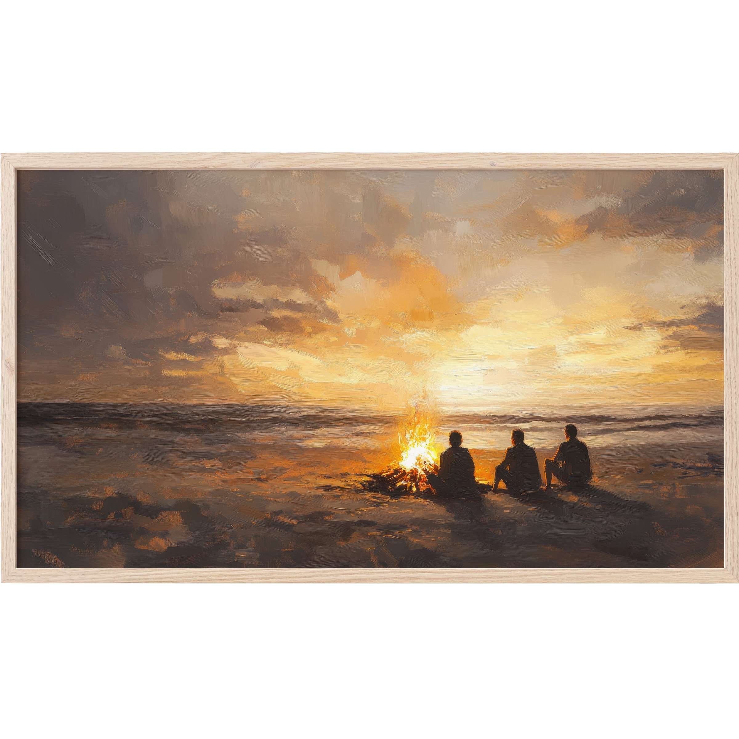 Coastal Frame TV Art depicting three figures by a glowing bonfire on a moody beach at sunset in warm, rich tones
