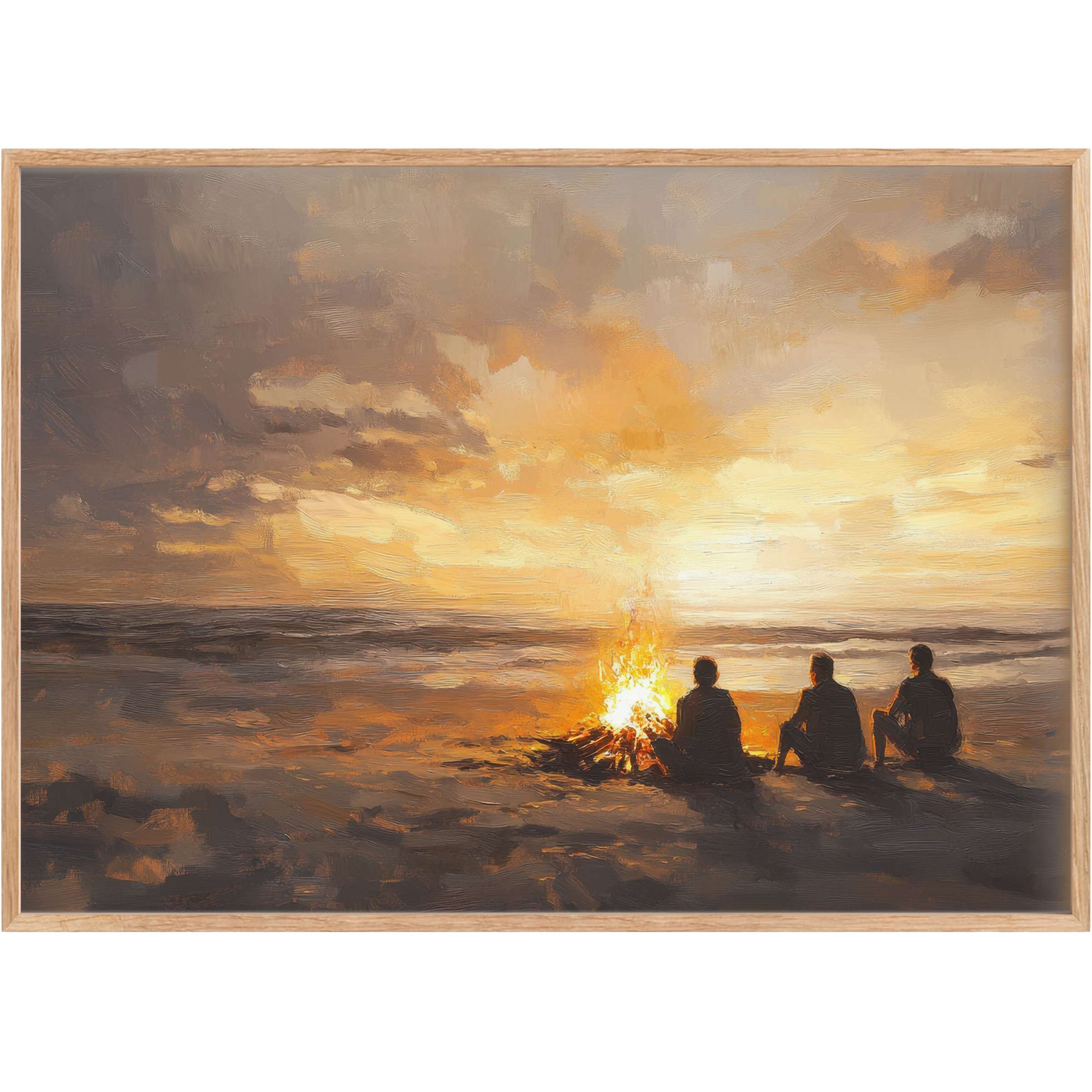 Coastal printable wall art capturing a serene beach bonfire at sunset, evoking warm, reflective moments in amber and deep charcoal hues