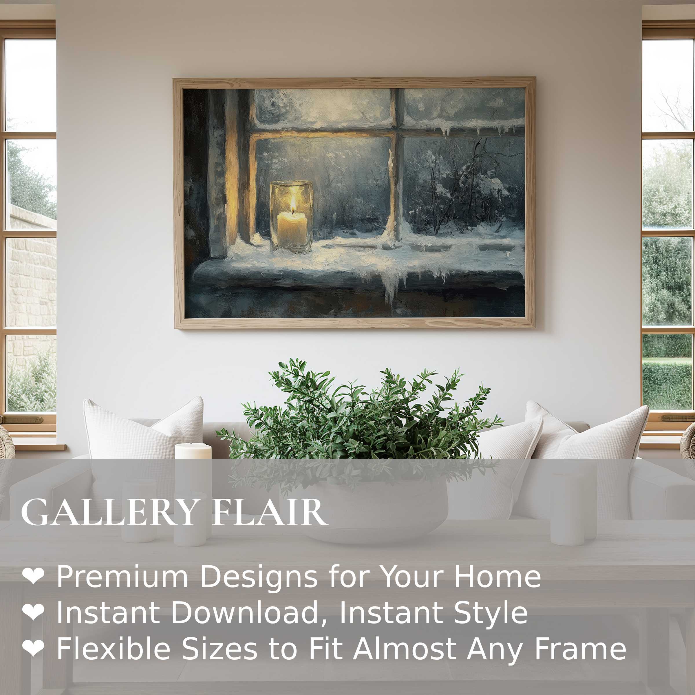 Winter wall art print featuring a soft, radiant candlelit window scene that adds calming warmth to modern minimalist interiors