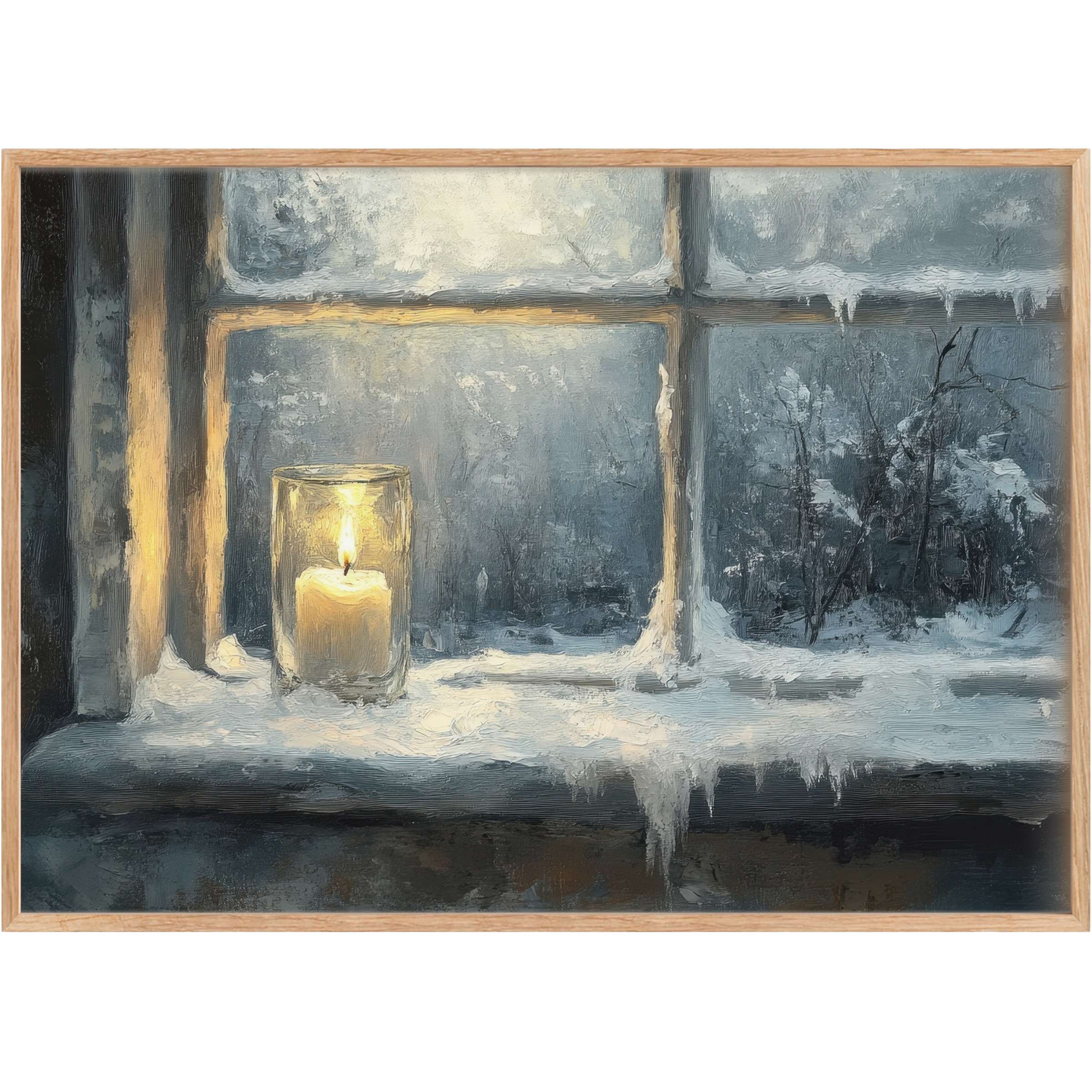 Winter printable wall art with soft candlelight casting warmth over frosted icy windowpanes, evoking serene, cozy elegance