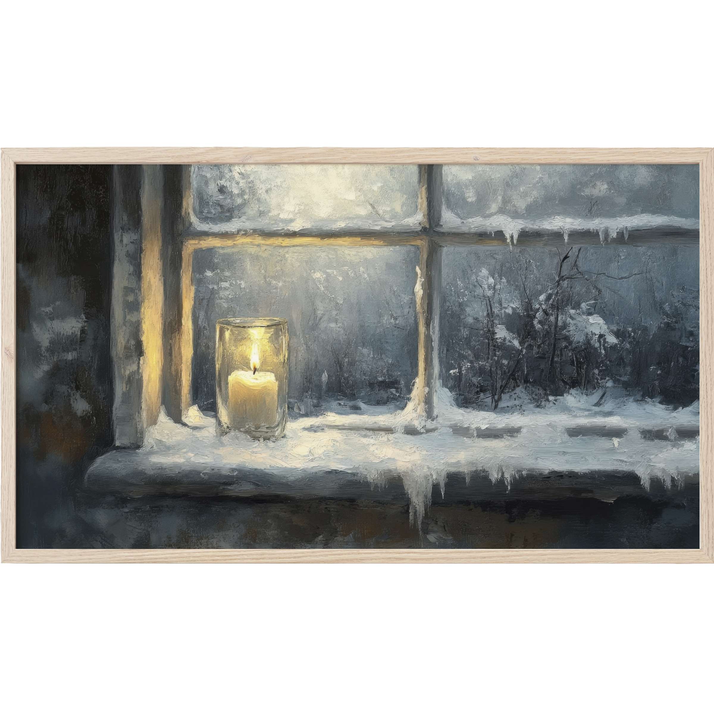 Winter Frame TV Art depicting a glowing candle in a glass on a frosted, snow-covered window ledge