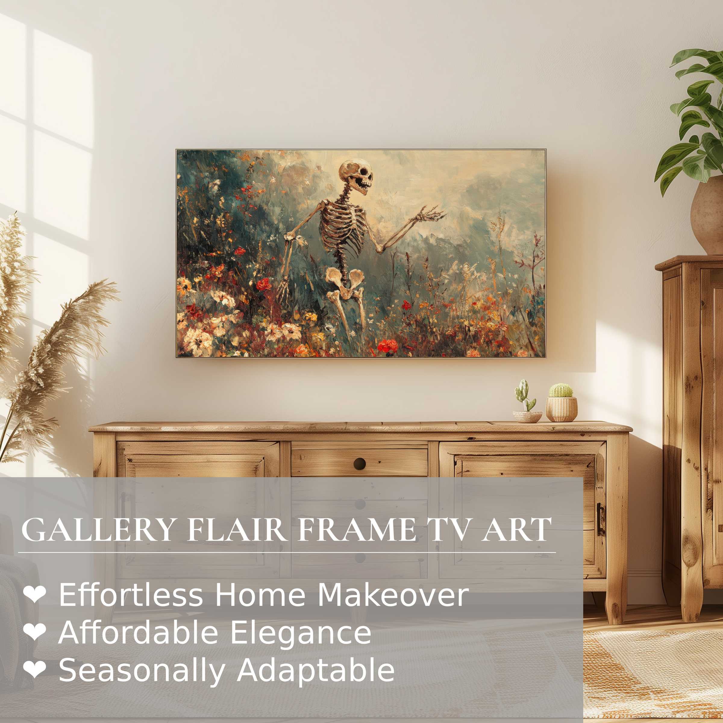 Samsung Frame TV displays elegant halloween digital artwork with a vintage skeleton in a floral, warm-toned setting