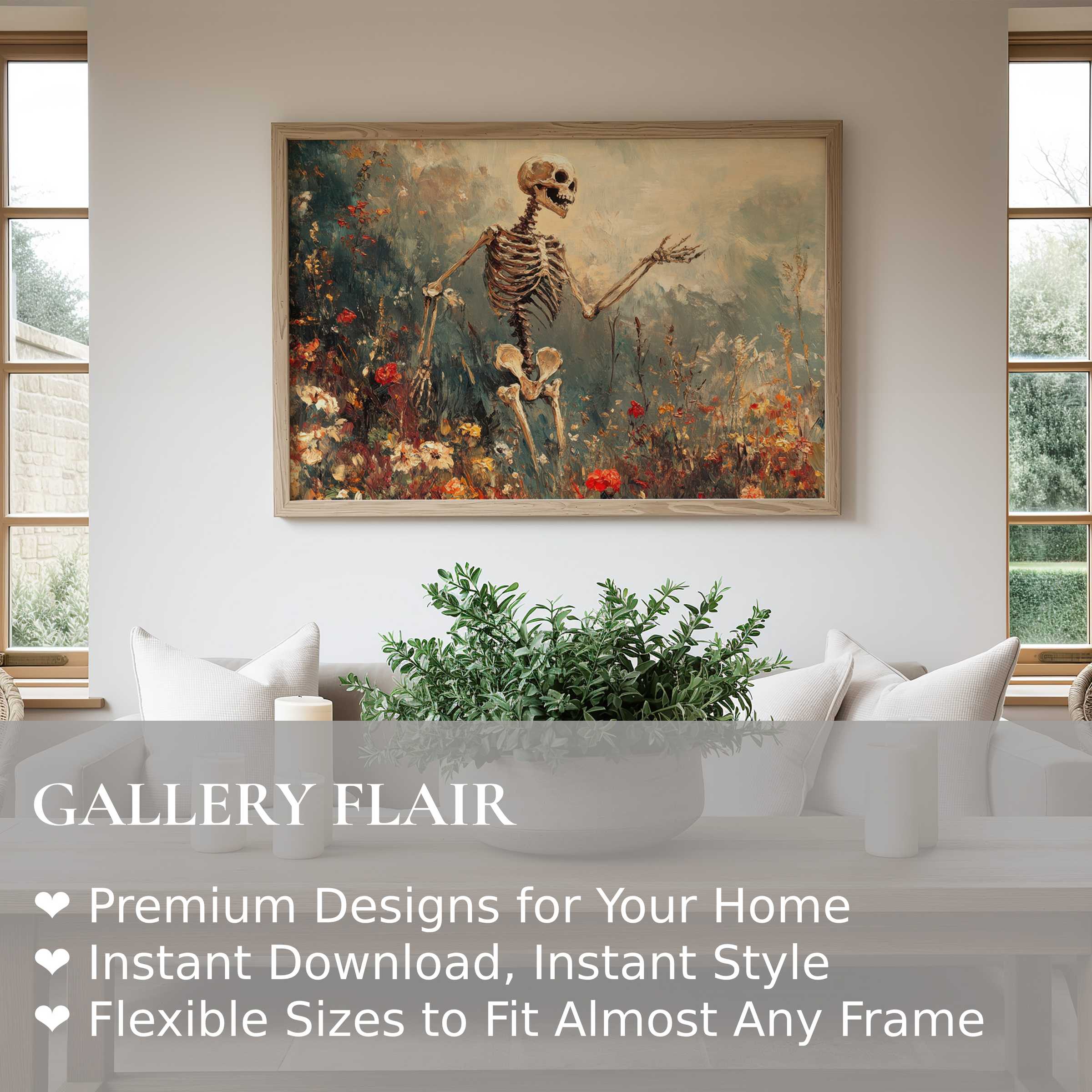 Bold halloween wall art print featuring a vintage skeleton amidst vibrant autumn blooms, enriching modern rustic interiors with eerie elegance