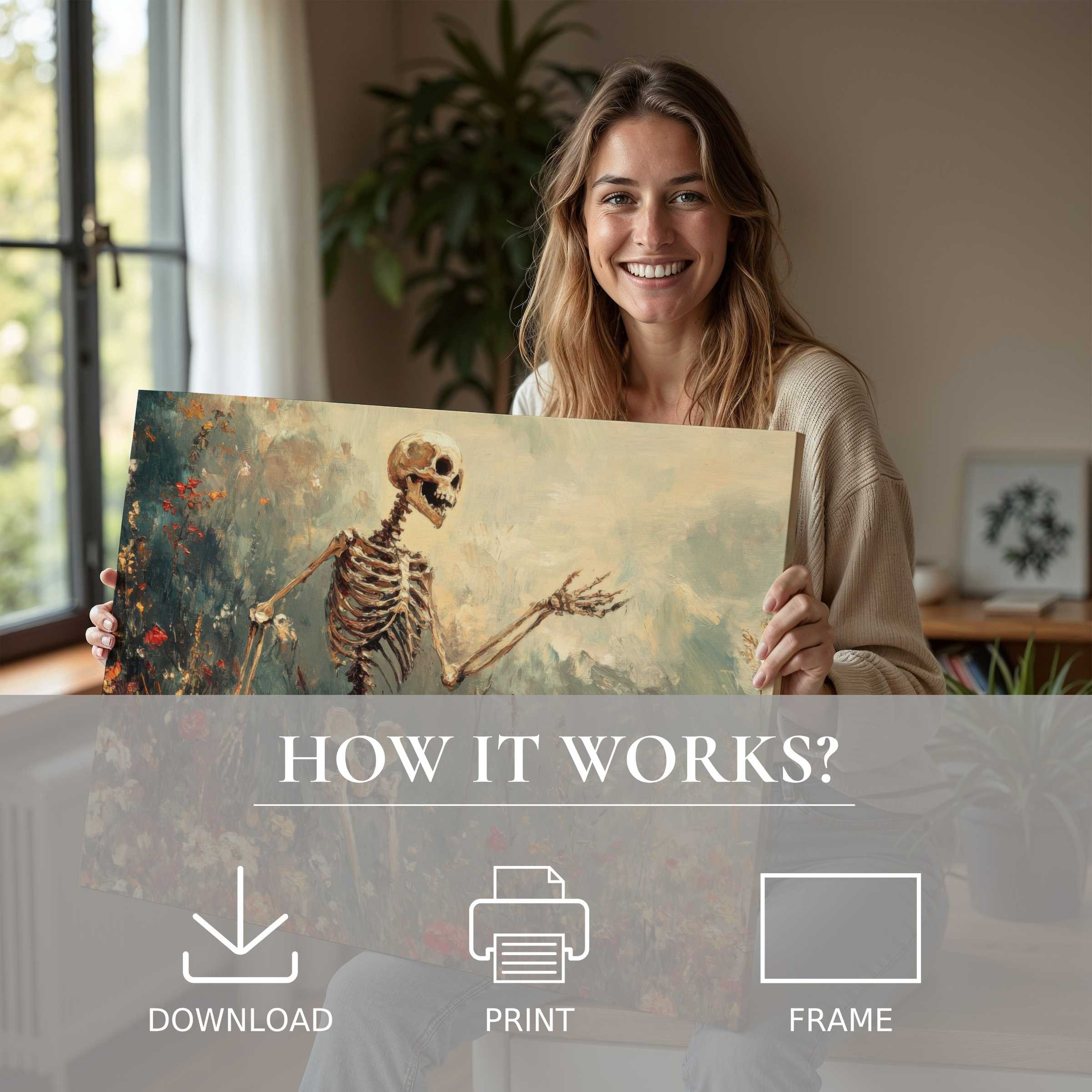 A serene moment of joy and connection with a halloween digital art print in soft, earthy tones enriching a stylish modern home