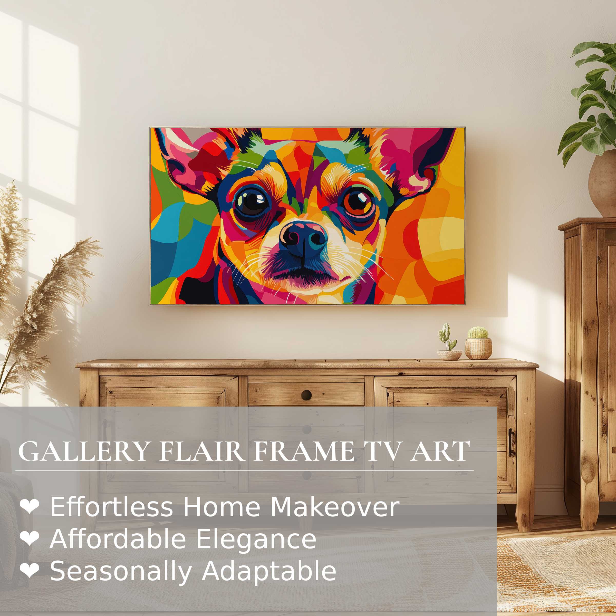 Samsung Frame TV showcasing vibrant pop art digital artwork of a colorful dog in a modern elegant living space