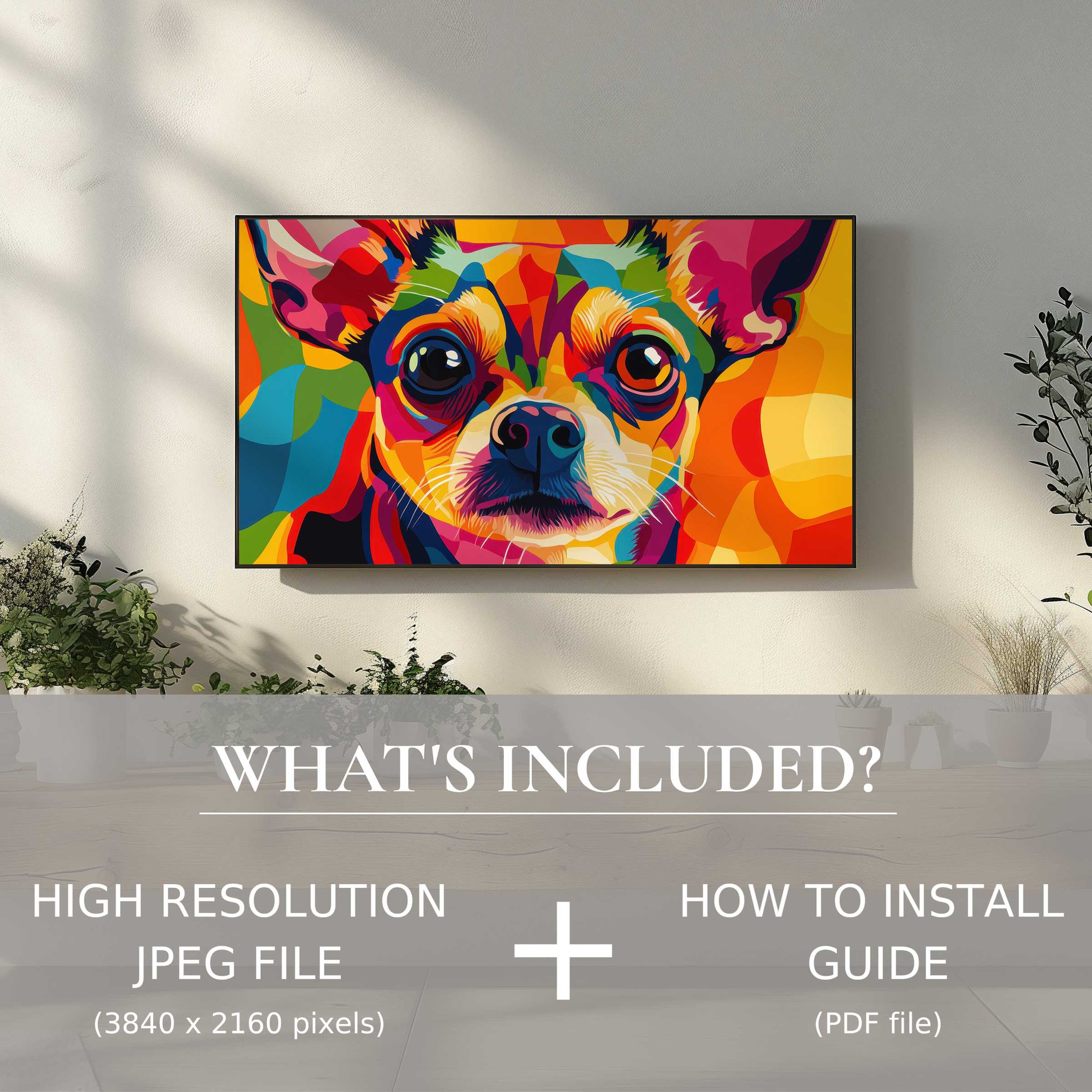 Elegant living room with vibrant pop art digital TV art download, easy to use and elevates your modern space