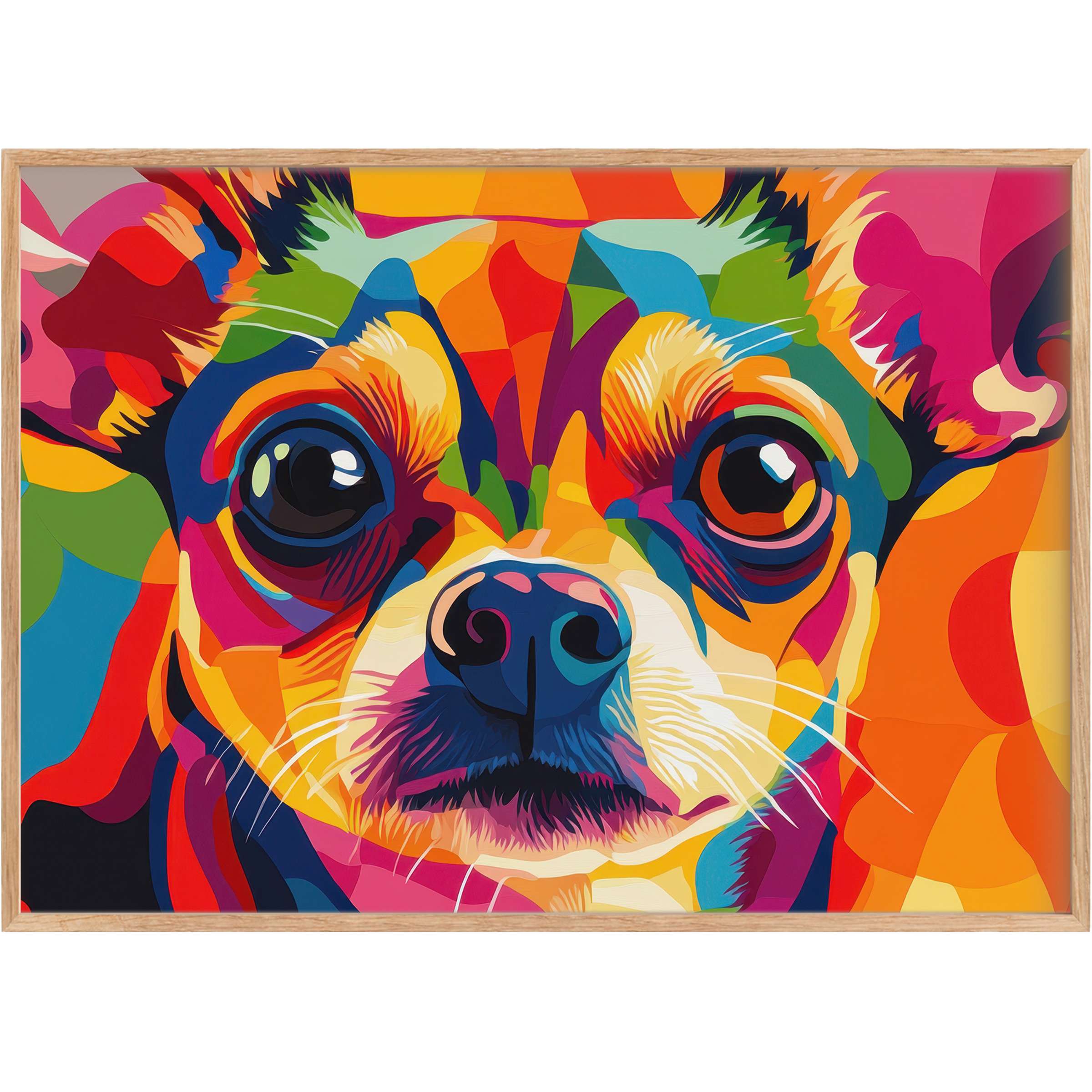 Vibrant pop art printable wall art of a Chihuahua, blending fiery oranges, blues, and greens to energize and uplift any chic space