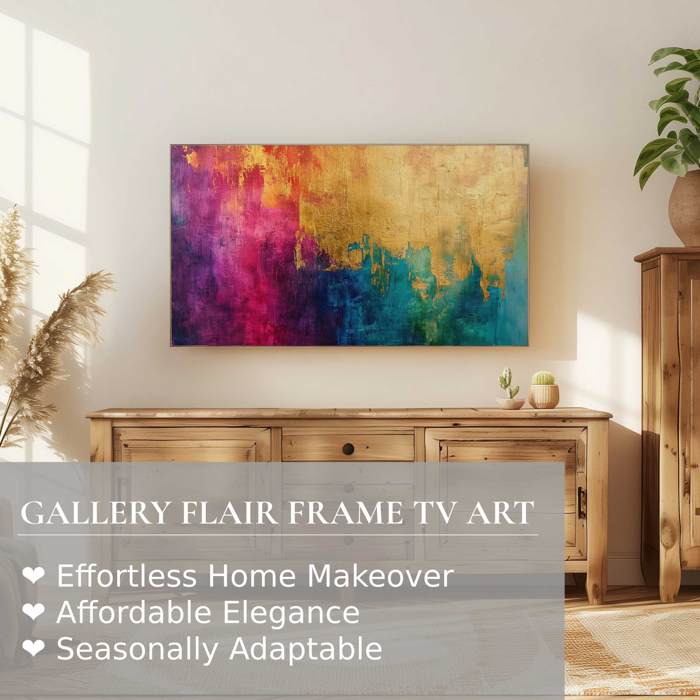 Samsung Frame TV showcasing vibrant abstract digital artwork in a warm, elegant living room setting with natural light