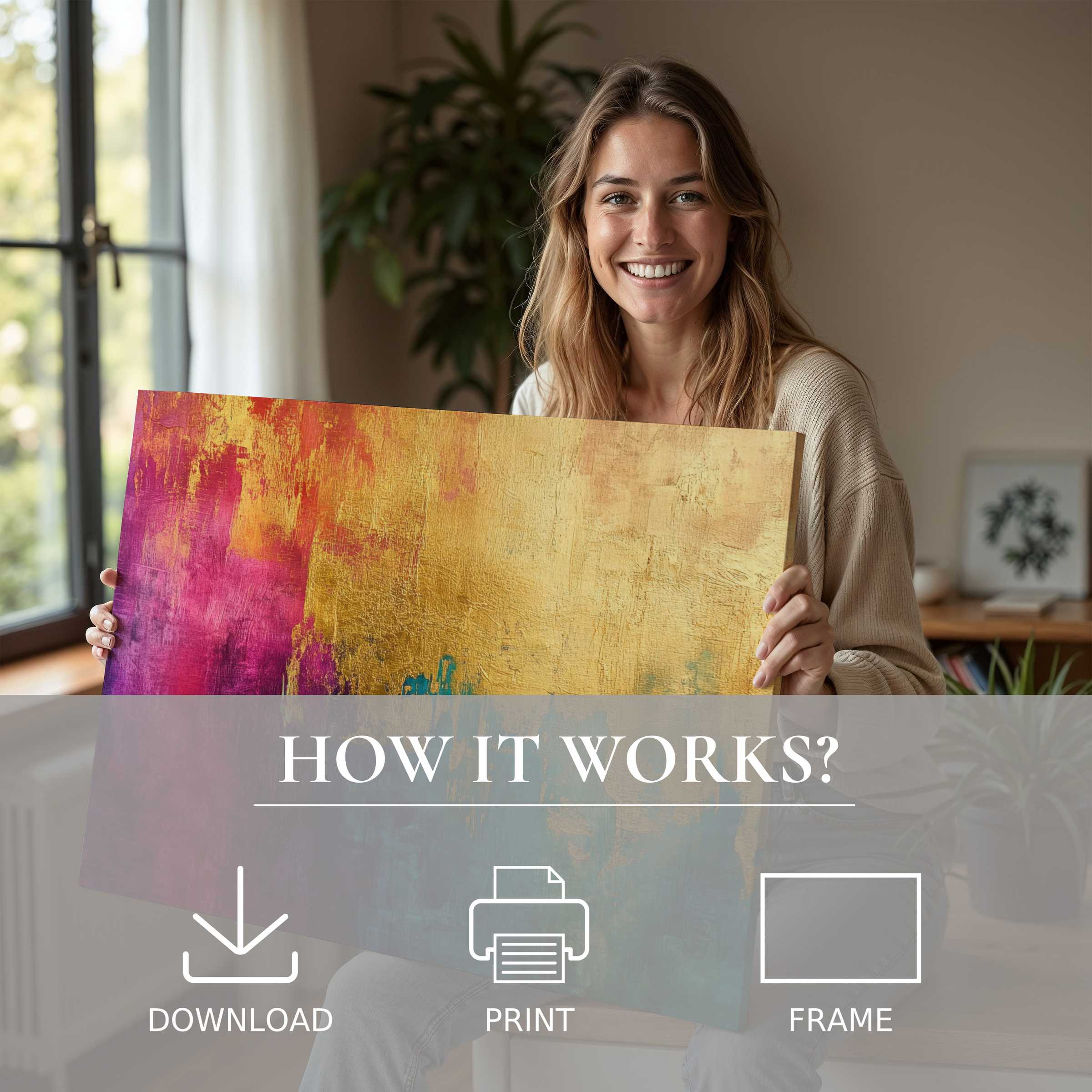 Bright abstract digital art print radiates warmth and joy, embraced in a stylish home, inspiring effortless living with art