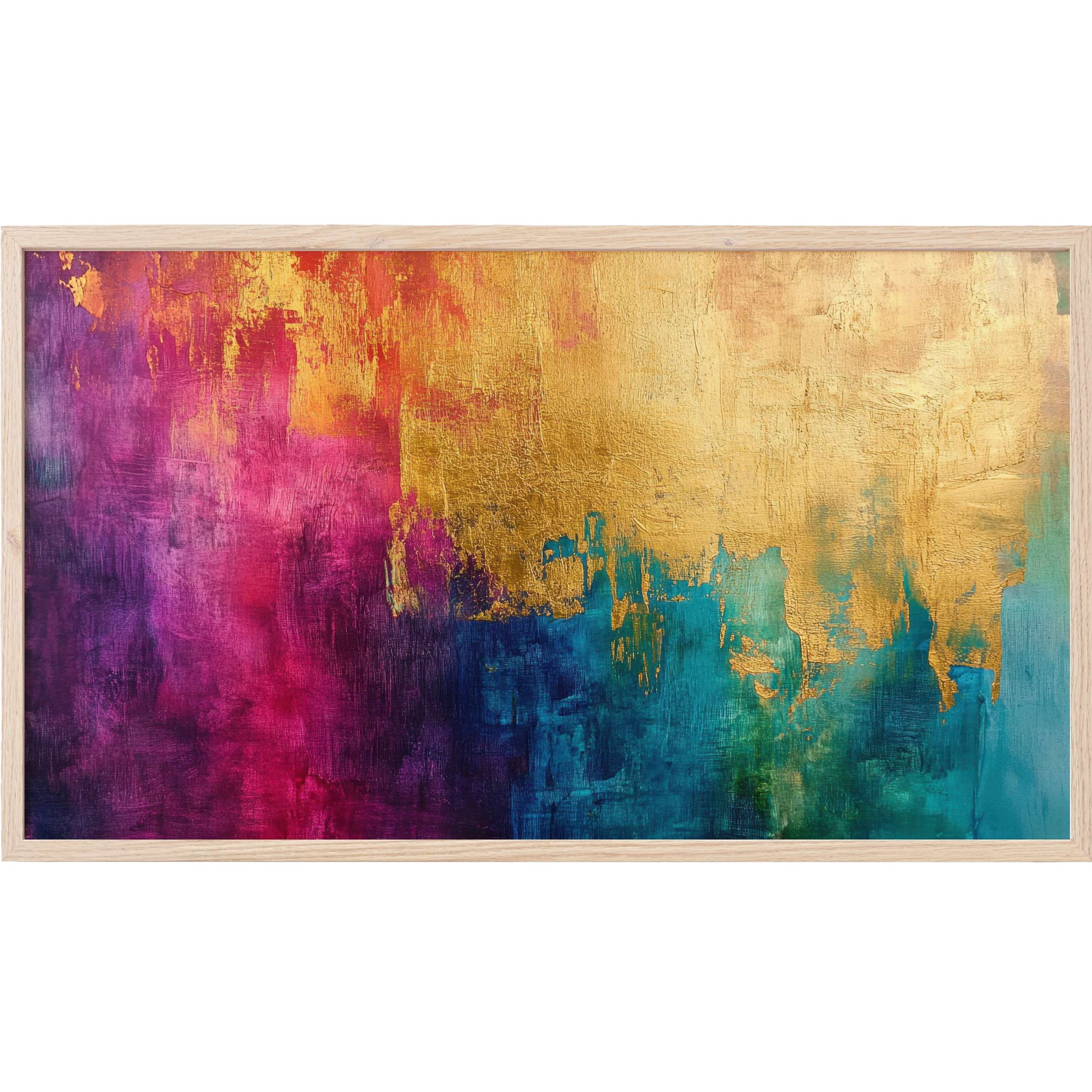 Vibrant abstract Frame TV Art with rich gold, teal, magenta, and purple hues in a textured, modern composition