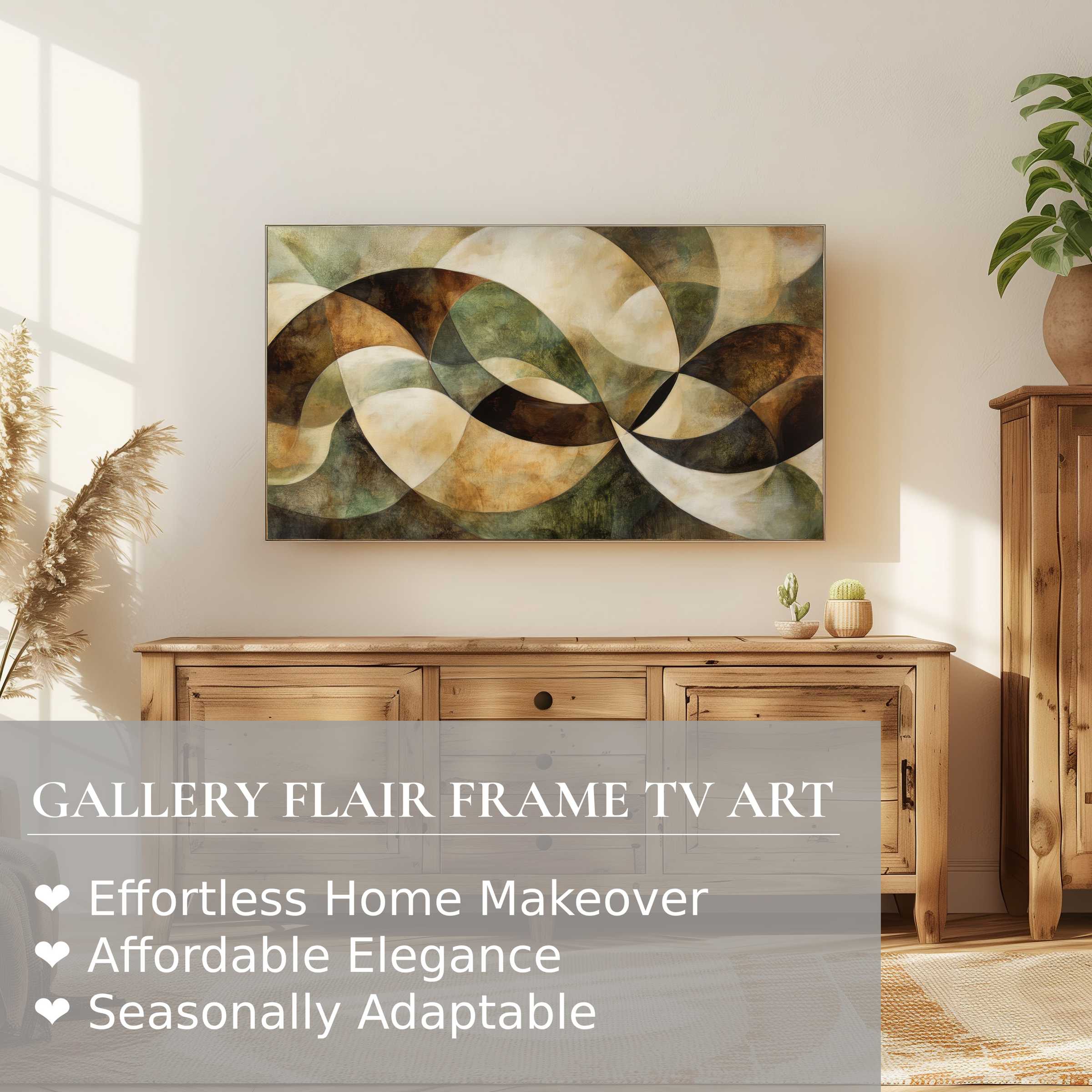 Samsung Frame TV showcasing modern digital artwork with abstract earth tones in a chic, naturally styled living space