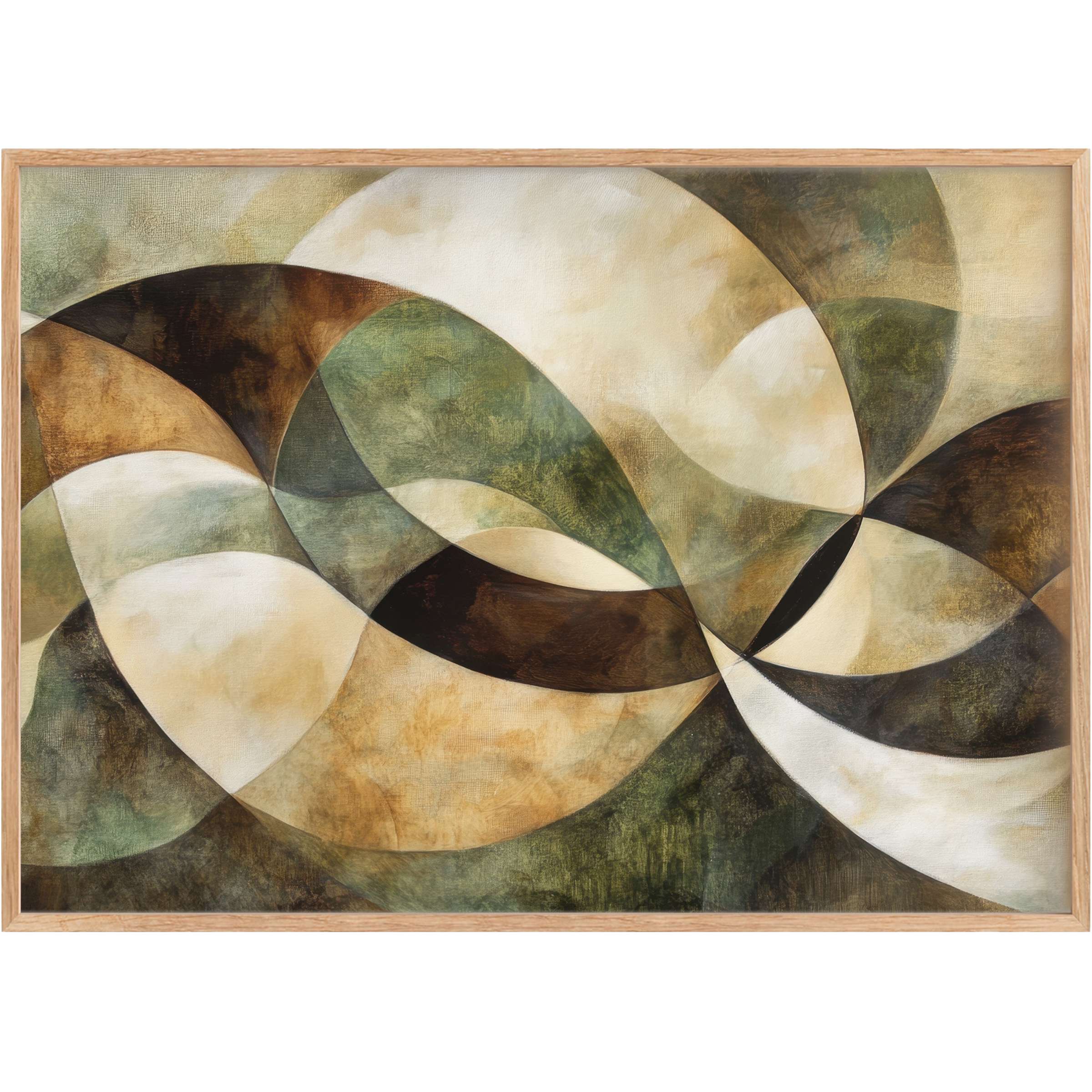 Modern printable wall art with flowing curves in warm earth tones and muted greens, creating a soothing, organic ambiance