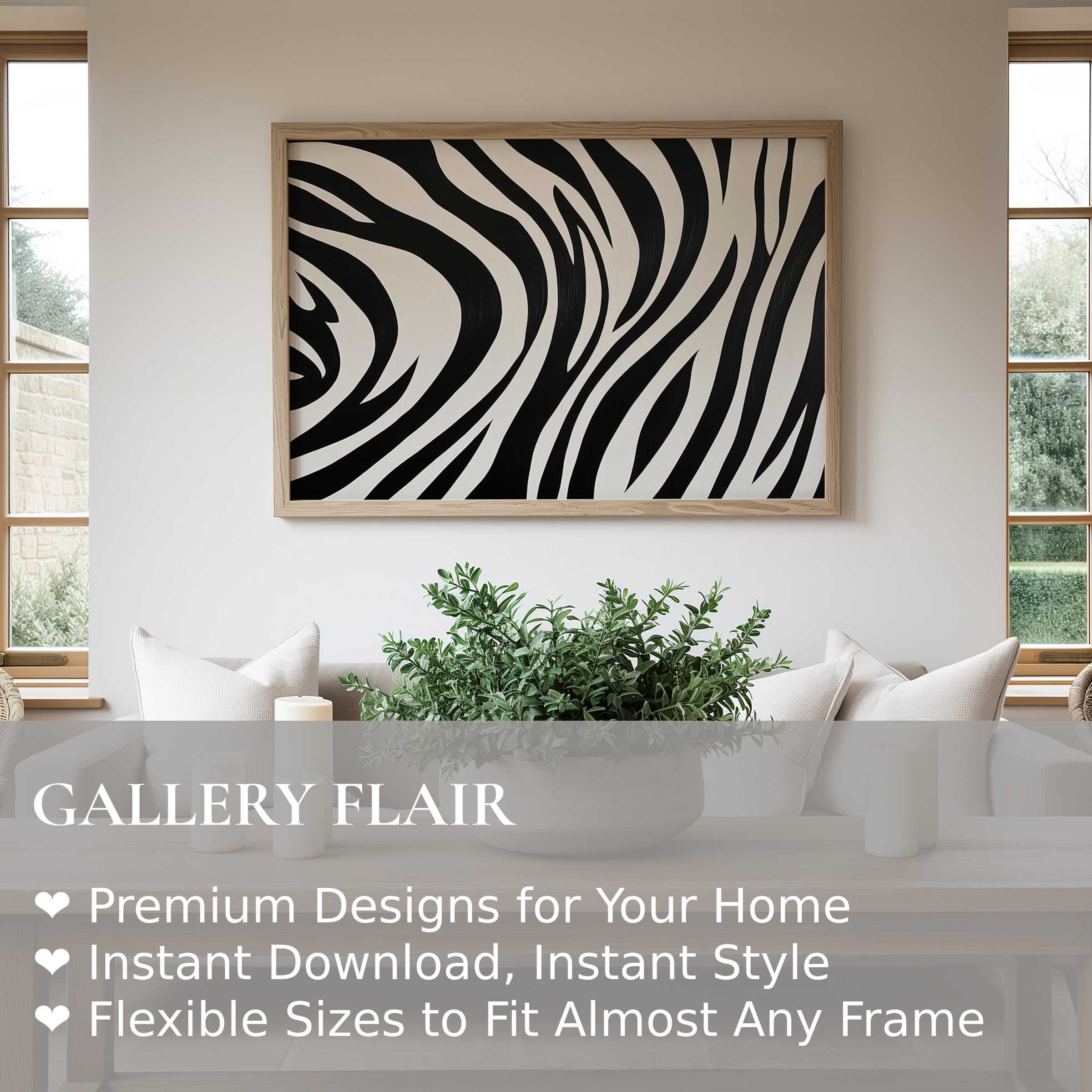 Bold black and white wall art print with dynamic zebra-inspired lines, elevating modern minimalist spaces with striking elegance and contrast
