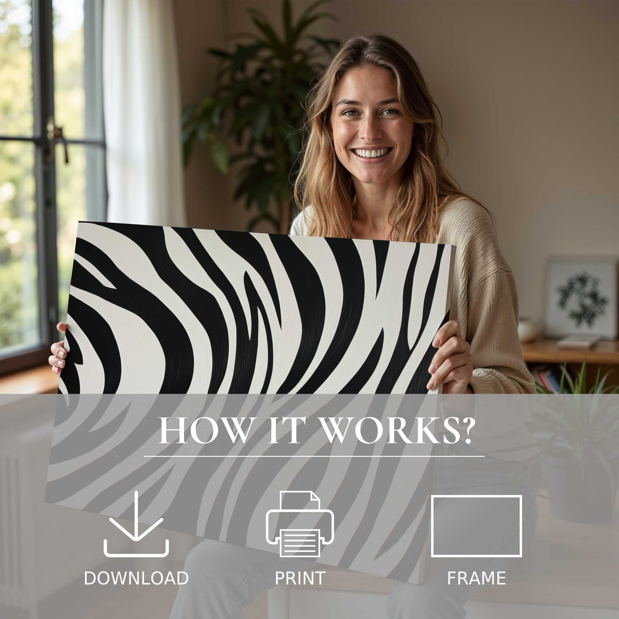 Elegant black and white digital art print embraced in a sunlit, modern home, evoking joy and seamless style