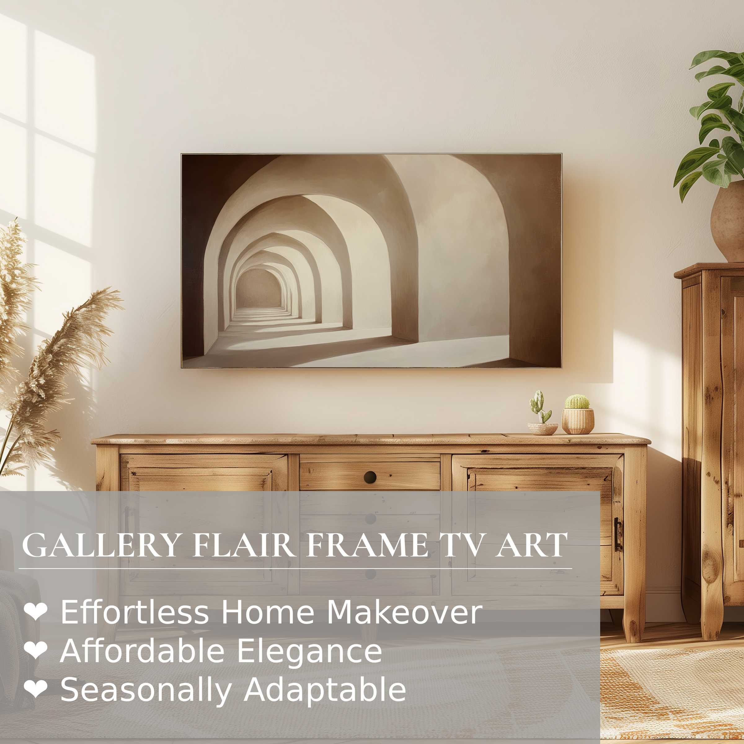 Samsung Frame TV displays neutral digital artwork of soft arches, enhancing a modern, elegant living space