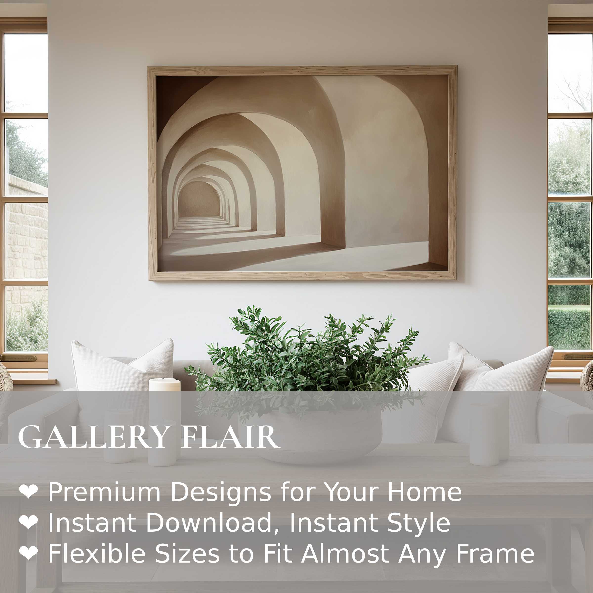 Neutral wall art print featuring a serene architectural archway in soft beige hues, elevating modern minimal and contemporary interiors with calming depth and timeless elegance