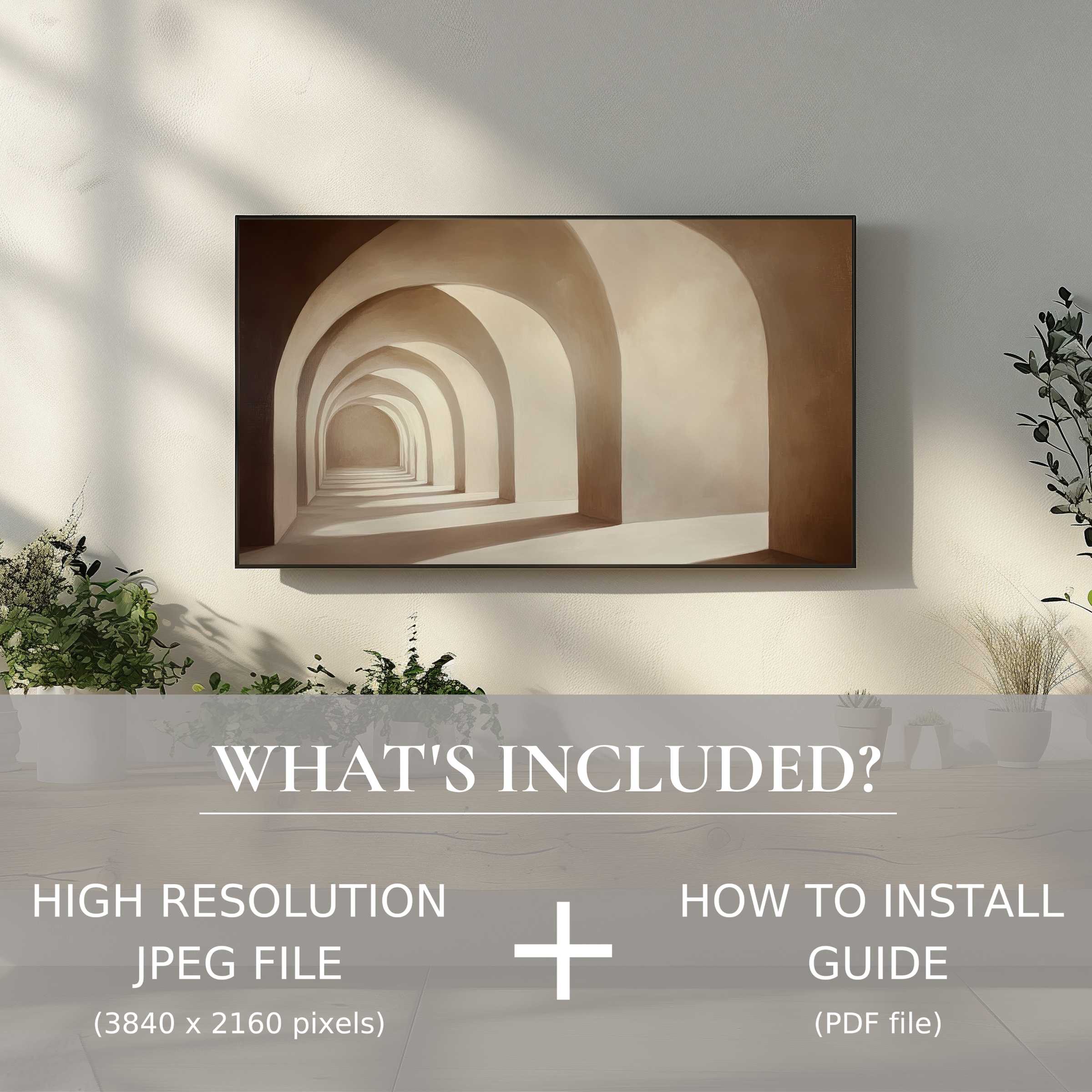 Elegant neutral digital TV art download featuring arches, easy digital use enhances your serene modern living space