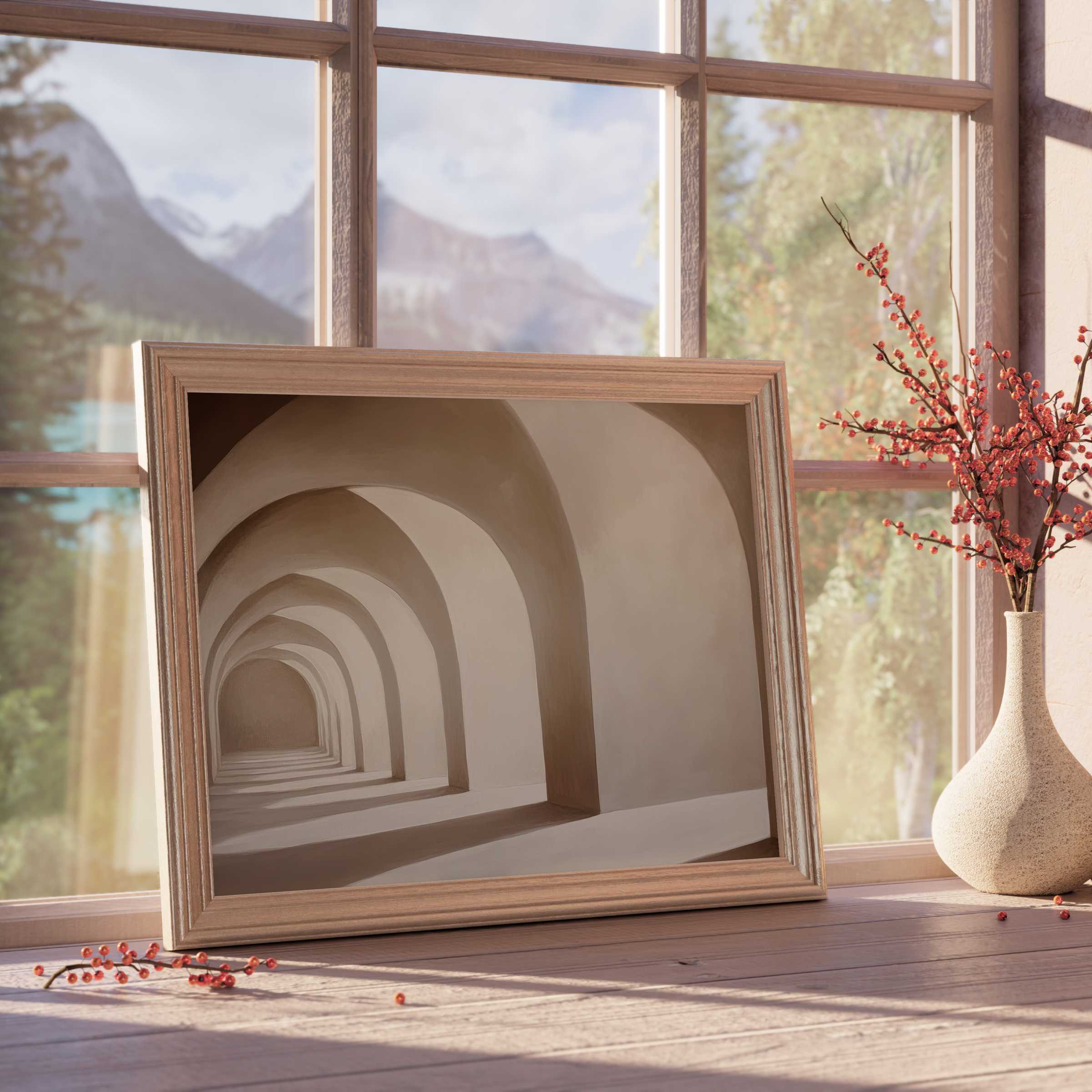 Neutral downloadable art featuring serene beige arches, elevating calm, curated interiors with timeless modern elegance